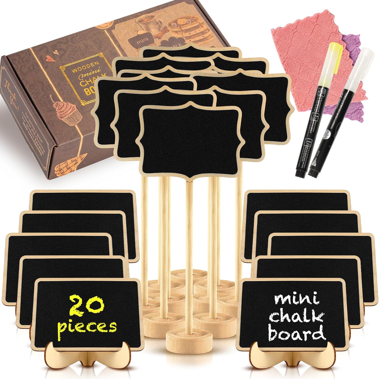 Mini Chalkboard Signs 20 Pack, Small Food Name Tags for Buffet with Wooden Stand as Dessert Display Set for Party, Wedding, Baby Shower, Birthday, Place Cards for Table Setting or Numbers
