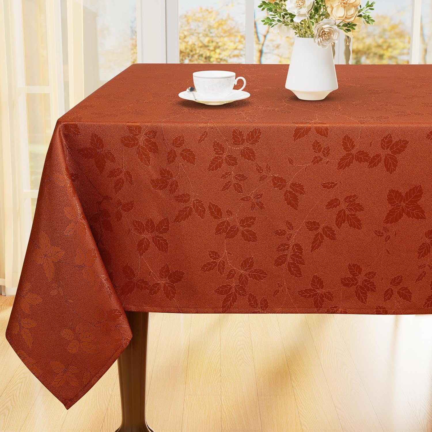 Thanksgiving Tablecloth Rectangle 60x84 Inch, Waterproof Fall Leaves Jacquard Table Cloth, Damask Fabric Table Covers for Harvest Parties, and Fall Decor, Rust/Burnt Orange