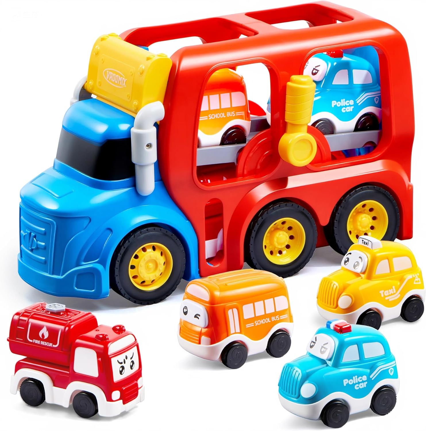 Toddler Truck Toys for Age 2-4, Carrier Transport Trucks for Kids 2 3 4 5 Year Old Boy, 4 Pack Car Toys Including School Bus, Taxi, Fire Engine and Police Car, Birthday Gift