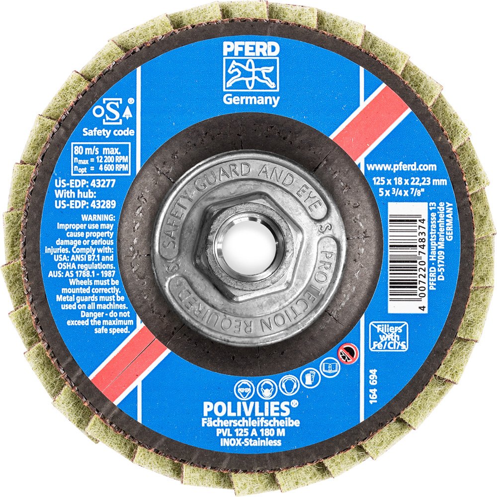 PFERD 43289 POLIVLIES Non-Woven Abrasive Flap Disc, Aluminum Oxide, 5" Diameter, 5/8-11 Thread, 12200 RPM, Medium Grade