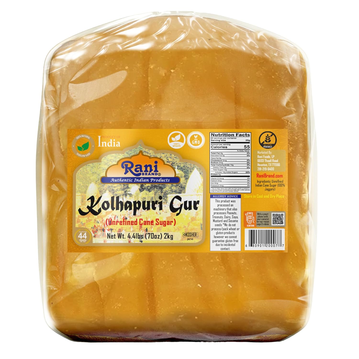 Rani Kolhapuri Gur (Jaggery) 2kg (4.4lbs) ~ Unrefined Cane Sugar, No Color added, Gluten Friendly | Vegan | NON-GMO | No Salt or fillers