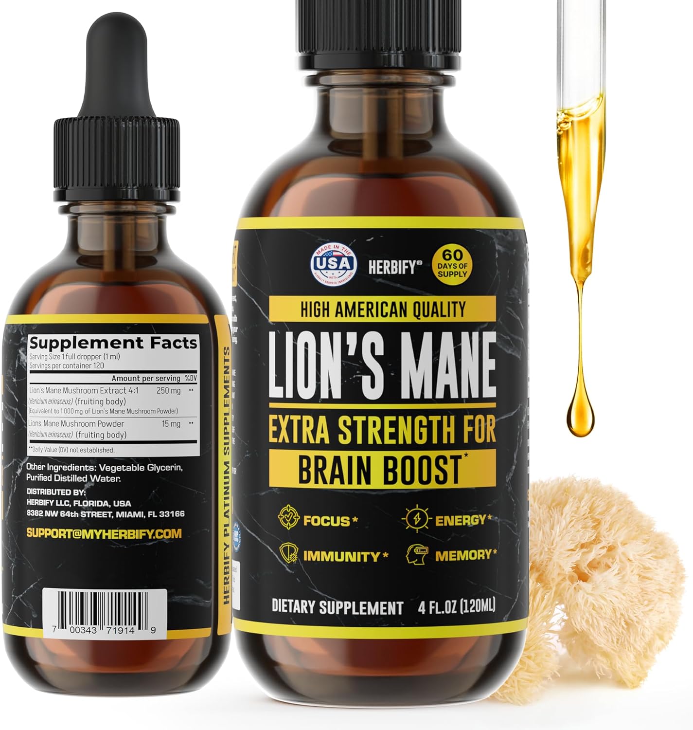 HERBIFY Lions Mane Supplement - Daily Mushroom Supplement for Memory, Focus & Clarity - Brain Booster - Lions Mane Tincture for Immune Support - 4 Fl oz