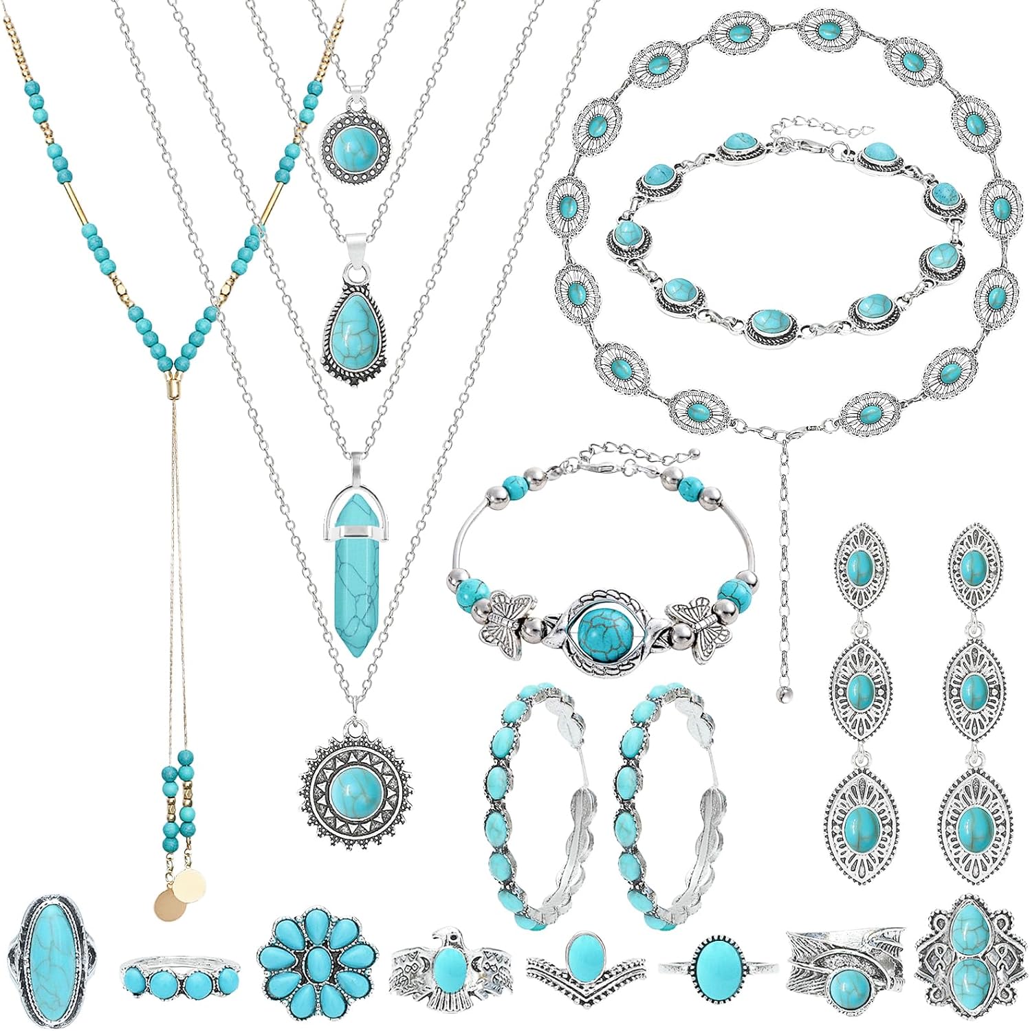 NEWITIN 20 Pieces Silver Bohemian Jewelry Set for Women Fashion Costume Jewels Turquoise Necklace Bracelet Ring Earrings Western Turquoise Jewelry Set for Women