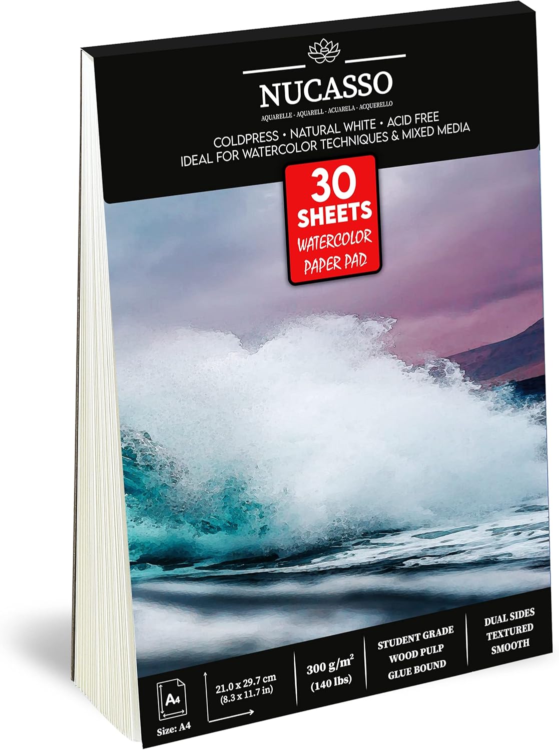 NUCASSO Watercolour Paper Pad A4 x 30 Sheets – Natural White 300 GSM Student Grade, Cold-Pressed, Glue Bound Water Colour Sketchbook for Wet, Dry & Mixed Media