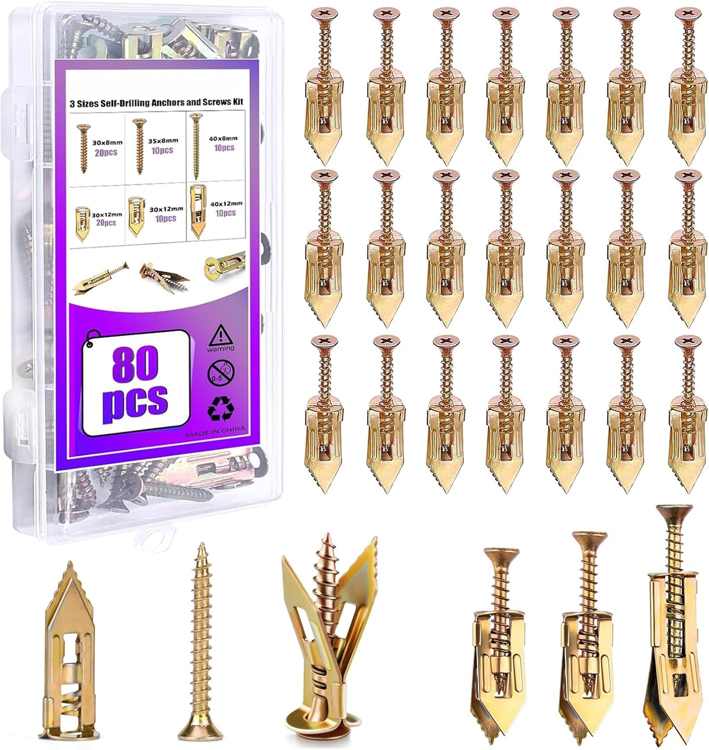 80Pcs Self Drilling Drywall Anchors with Screws Kit, 3 Sizes Heavy Duty Dry Wall Anchor Screw Set, No Drill and Holes in Wall, Expansion Fixings for Plaster Board Wall Fixing (40 Anchors + 40 Screws)