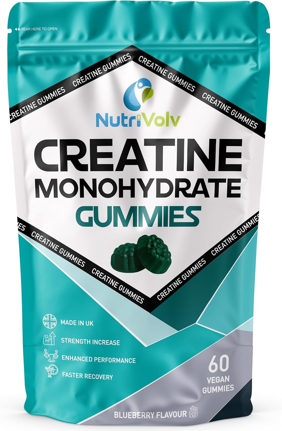 Creatine Monohydrate Gummies | 60 Count | Blueberry Flavour | Muscle Growth & Recovery | Supplements for Men & Women | Vegan Friendly | Gym Pre Workout Chewable Gummies | 1 Month Supply | by NutriVolv
