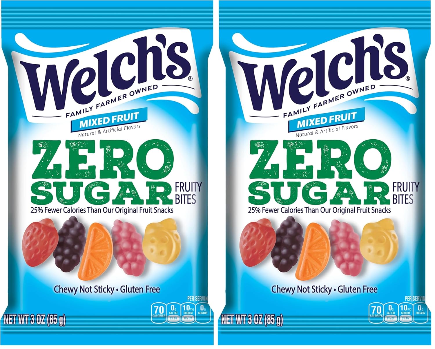 Welch's Zero Sugar Fruity Bites, Mixed Fruit Snack Pack, Gluten Free & Sugar Free Snacks, 3oz Snack Pack (Pack of 2)
