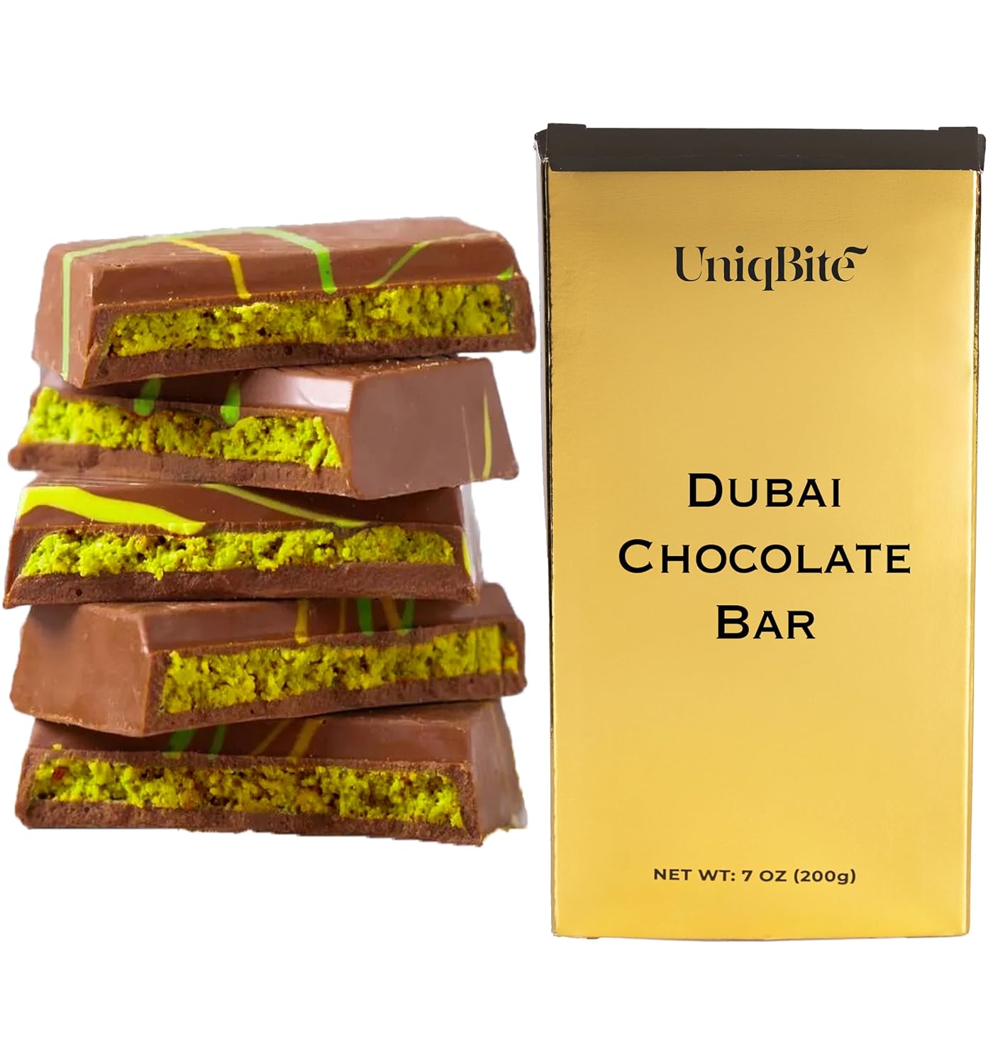 UniqBite Dubai Chocolate Bar Pistachio, Crunchy Viral Knafeh Chocolate Bar Filled with Pistachio Cream & Kataifi, 7 oz (200g)