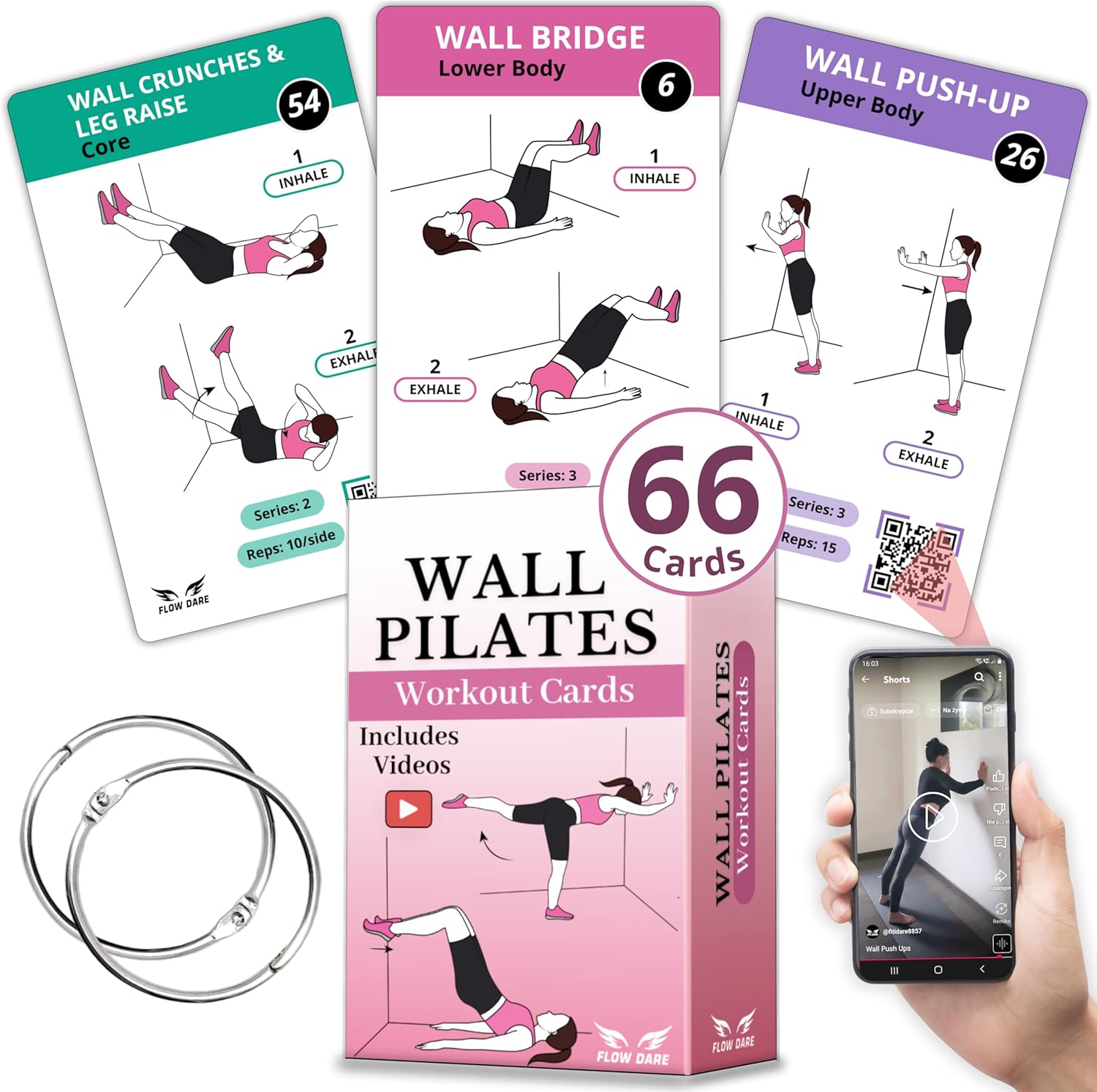 Wall Pilates Workouts for Women – 66 Exercise Cards with Videos & Workout Plan – Includes 5-Week Challenge, E-book, Chart & 2 Rings for Easy Organization – Home Pilates Workout Guide