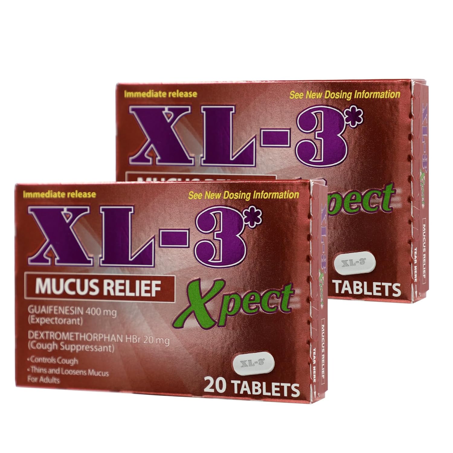 XL-3 Xpect Mucus Relief, Thins and Loosens Mucus, Expectorant, 2-Pack of 20 Tablets Each Box