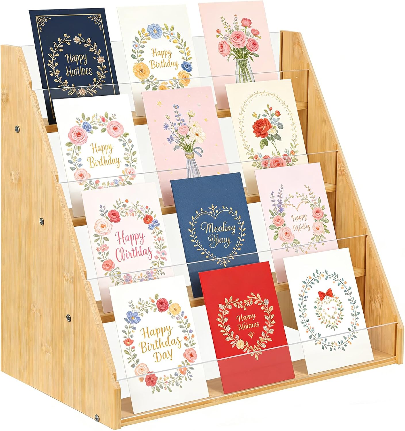 Premium 4-Tier Bamboo Acrylic Card Rack, Space-Saving Display Stand for Postcards, Greeting Cards, Brochures & Picture, Ideal for Shop Counter, Office & Home Decor