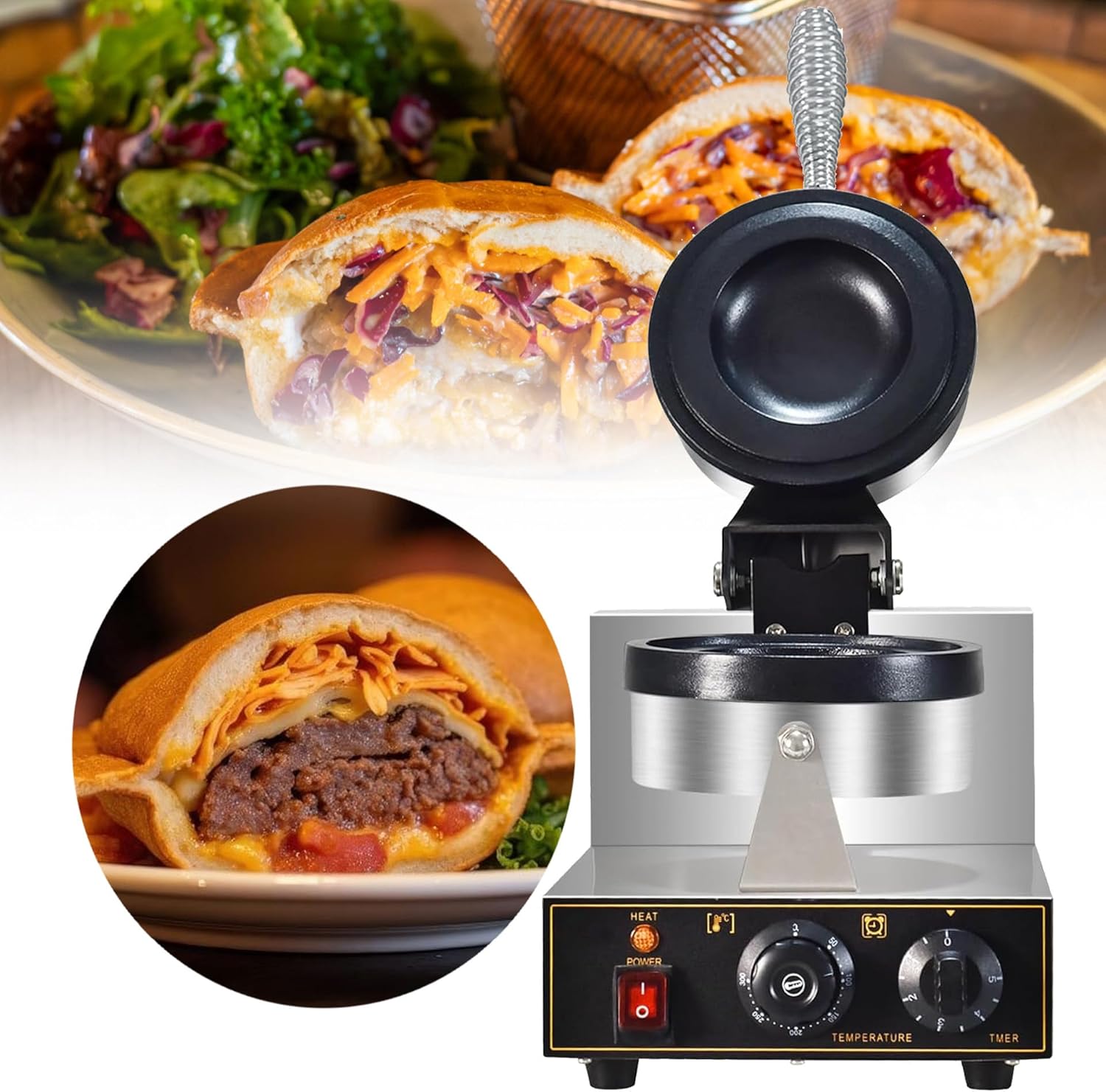 VNATWGOO 1300W Commercial UFO Burger Maker, Double-Sided Heating Non-Stick Panini Maker, Electric Waffle Hamburger Press Baking Machine,220V