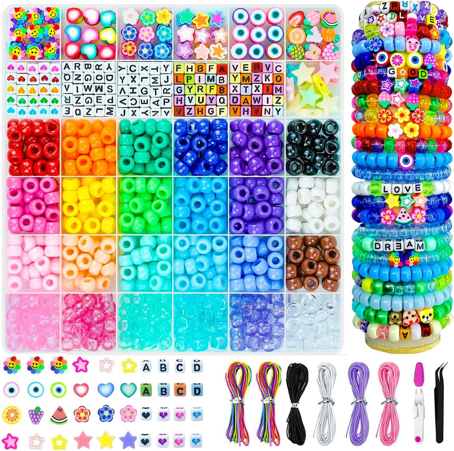 900 Pony Beads, 200 Letter Beads Jewelry, 60 Colorful Clay Bead, Kandi Bracelet Making Kit for Girls, 30 M Elastic Rope, Scissors Tweezers, DIY Crafts Necklace Make Party Gifts