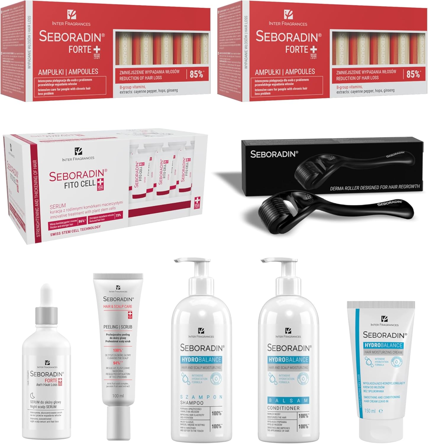 SEBORADIN Maria Red Set - Dermaroller - Ampoules Forte - Fito Cell Serum - Night Scalp Serum - Scalp Peeling - Shampoo Conditioner Hair Cream Leave-in Hydro Balance