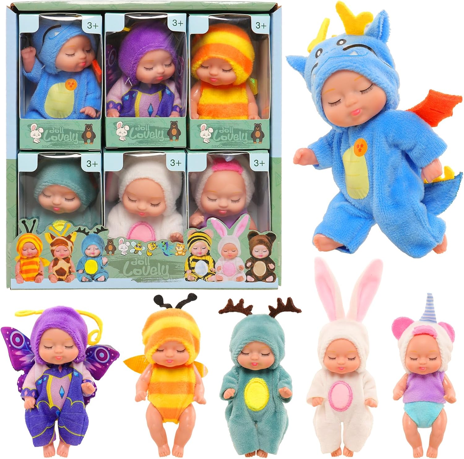 Miunana Baby Doll Set - 6 Piece Mini Dolls, Washable PVC Material, Realistic Movable Toys for Girls and Toddlers (Set-1)