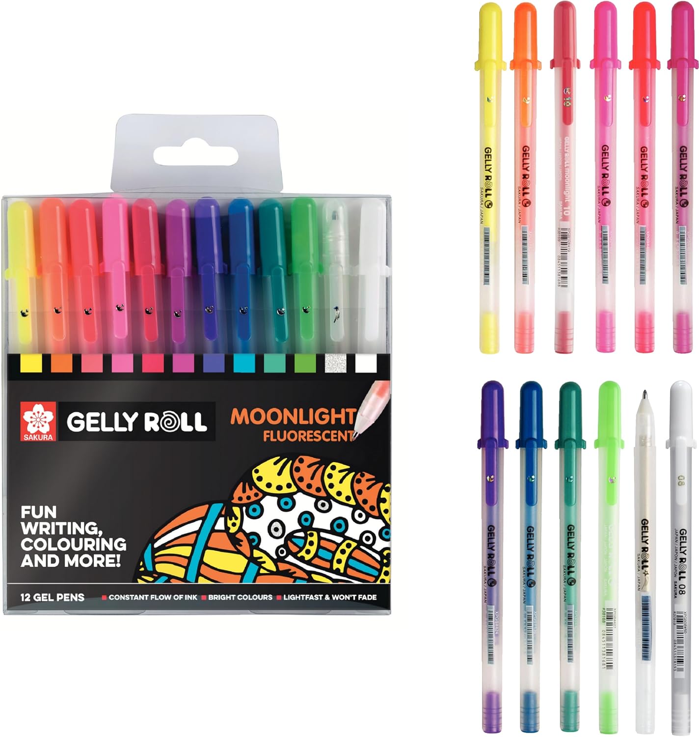 SAKURA Gelly Roll Moonlight Fluorescent Gel Pen Set of 12 Colors | Pens for Writing, Drawing, Journaling & Crafts