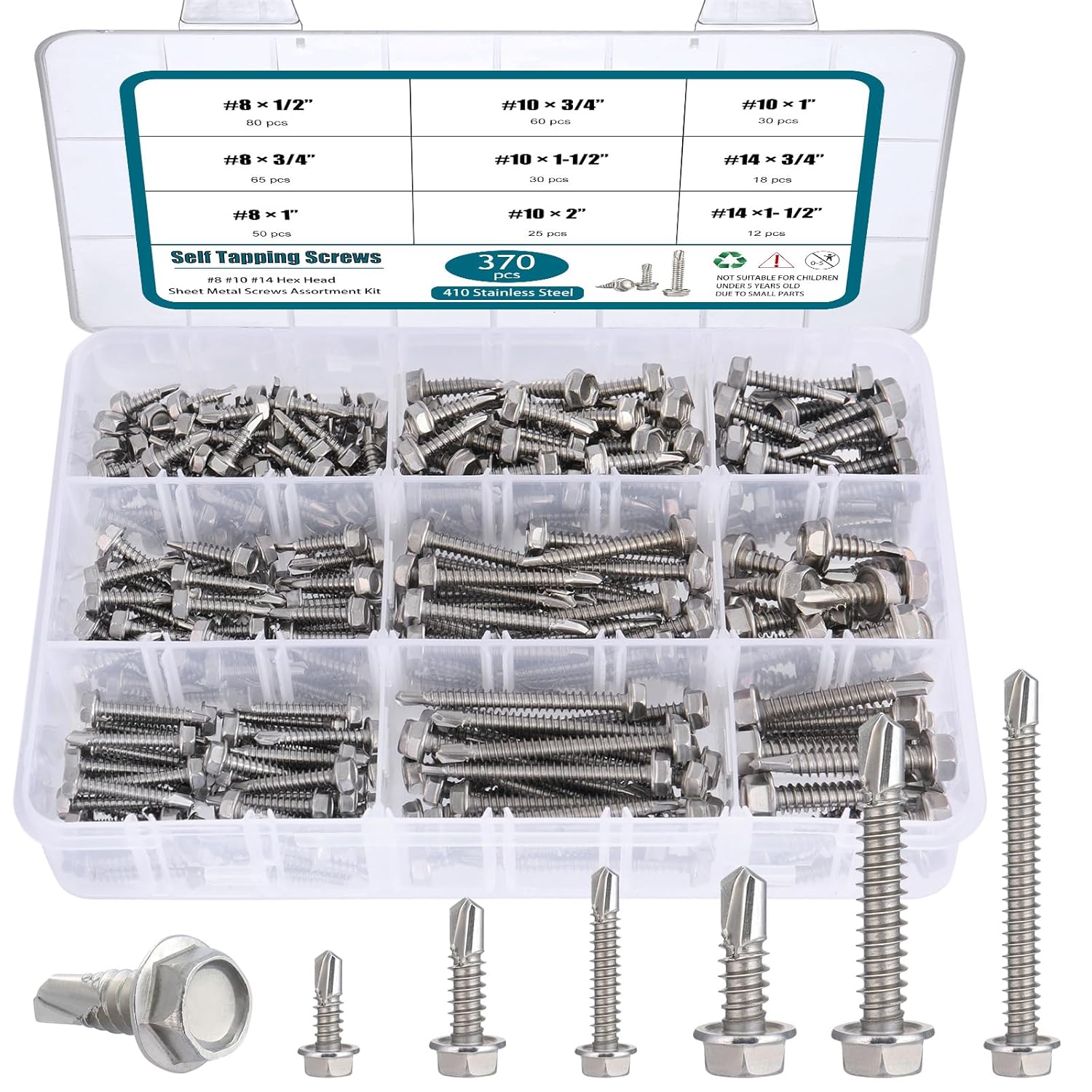 #8#10#14 Self Drilling Screws Assortment Kit,410 Stainless Steel Self Tapping Sheet Metal Screws Hex Washer Head,370Pcs Self Tapping Screws for Metal Wood Plastic,1/2" 3/4" 1" 1-1/2" 2"