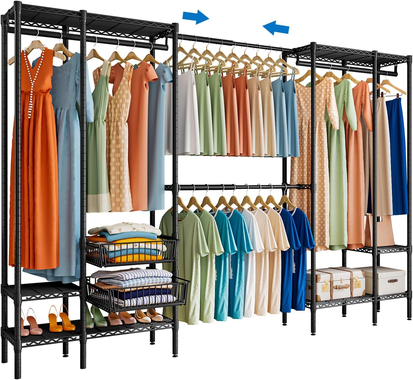 KZOBYD Extendable Clothes Rails with Pull-out Baskets, Length 98-115 inch