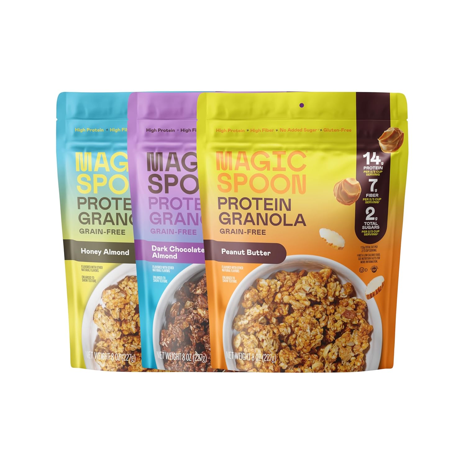 Magic Spoon Protein Granola - High Protein Granola, Keto Friendly, Low Sugar, Grain Free, Healthy Breakfast or Quick Snack (1 bag of each: Honey Almond, Dark Chocolate Almond, Peanut Butter)