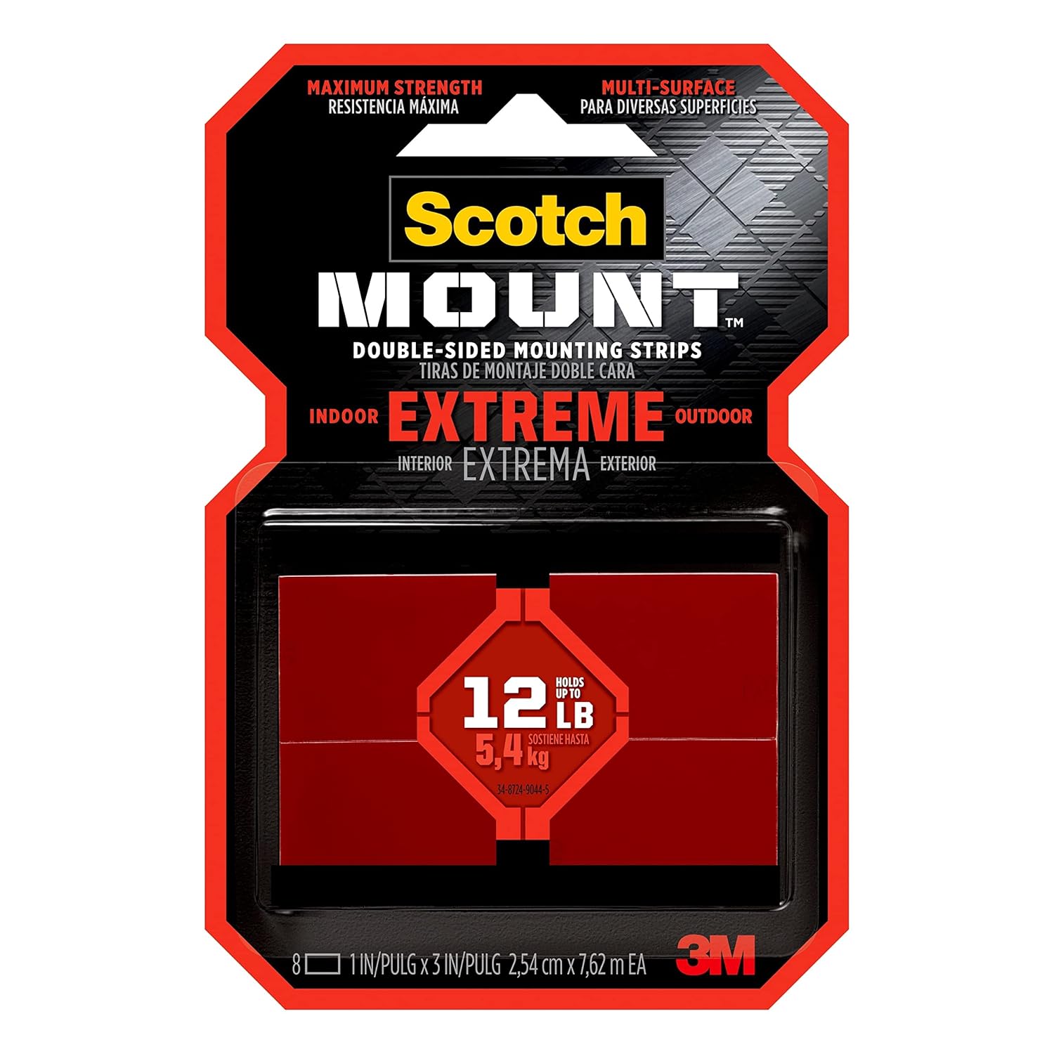 Scotch Extreme Mounting Strips, Double-Sided Heavy Duty Tape, 8 Strips, 1 in x 3 in, Use Instead of Nails or Screws, Works on Painted surfaces, Metals, Acrylic, Hard Plastics and More (414H-ST)