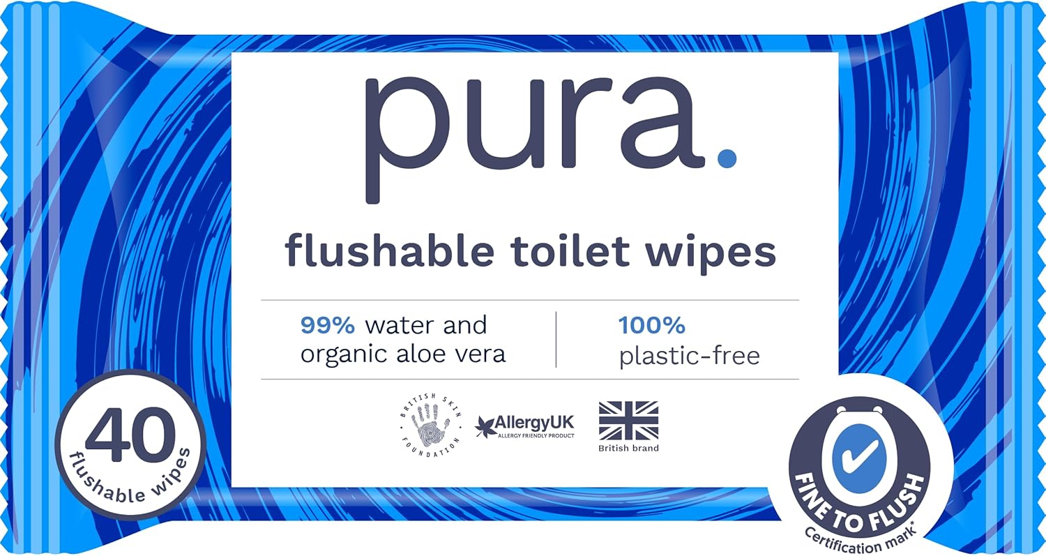 Pura Flushable Moist Toilet Tissue Wipes, 1 Pack of 40 Wet Wipes, 100% Plastic Free, 99% Water Clean Washlets, Certified ‘Fine to Flush’ Biodegradable, Compostable, Vegan, Gentle Clean