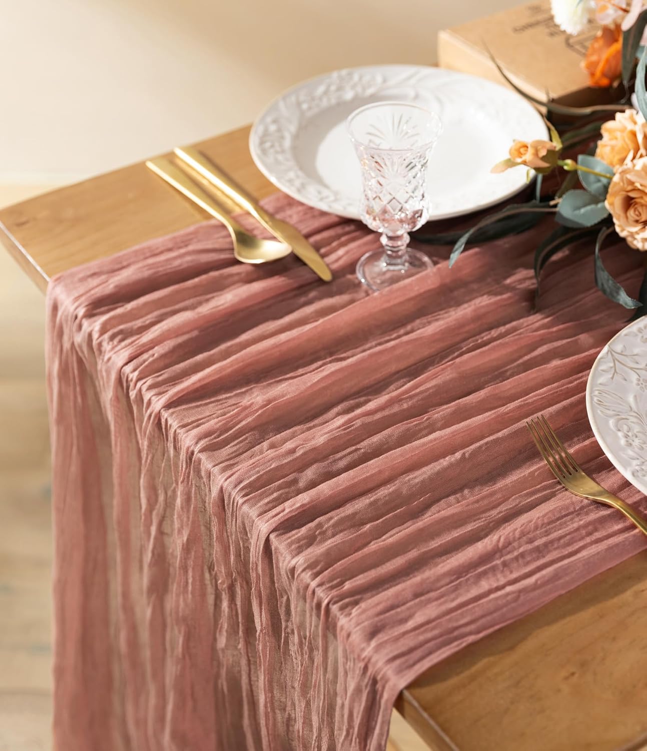 Vitalizart Cheesecloth Table Runner 10ft Gauze Boho Rustic Peach Coral Cheese Cloth Table Runner for Wedding Bridal Shower Fall Thanskgiving Decoration 120 Inches Pink