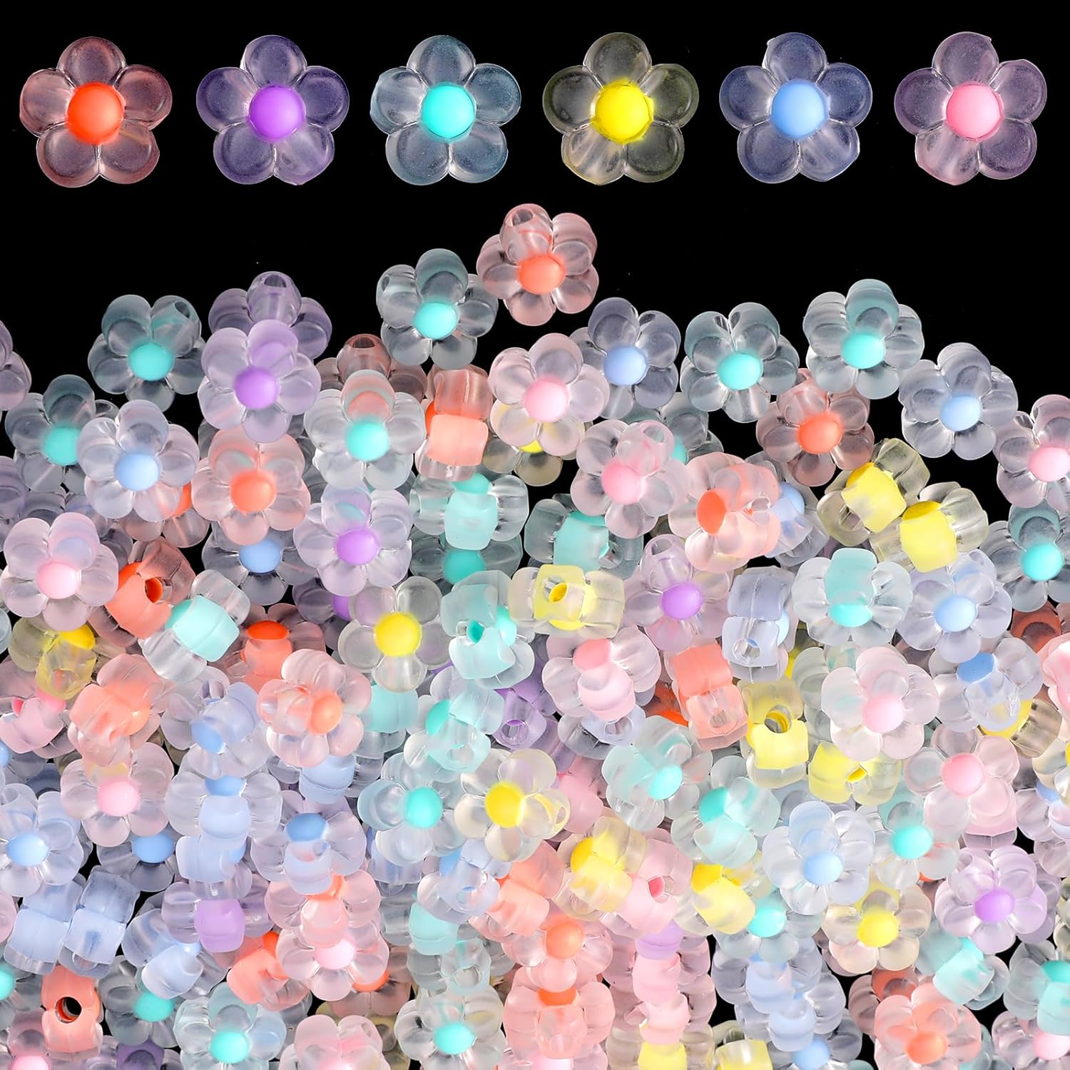 200Pcs Flower Beads for Jewelry Making, Transparent Mix Candy Colors Frosted Acrylic Flower Beads for Bracelet Making, 12mm Cute Flowers Shape Bead for Mak Earrings Necklace DIY Crafts Decoration