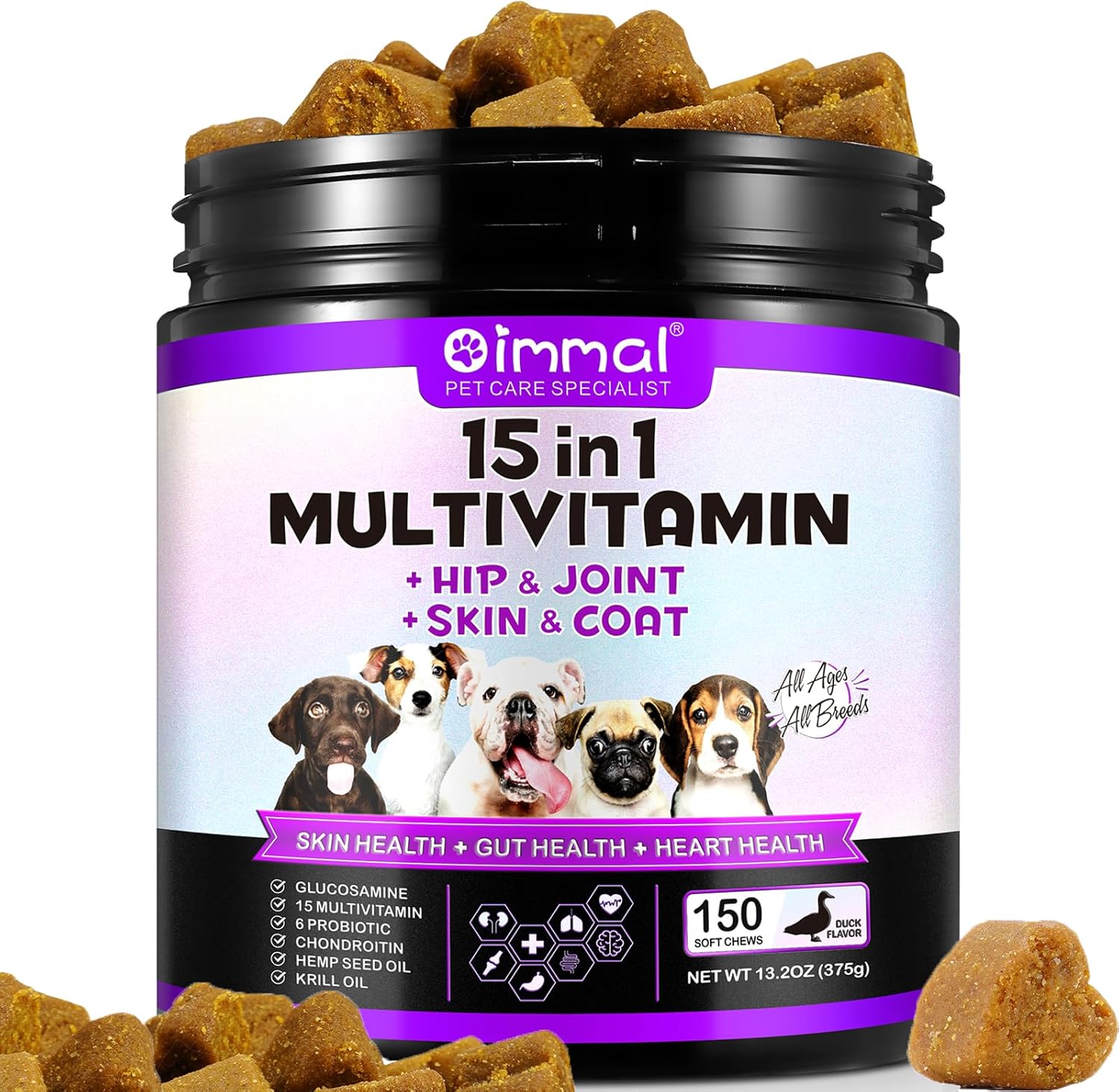 Dog Multivitamin Chewable,15-in-1 Dog Vitamins & Supplements for Dogs, Hip & Joint Supplements, Immune System, Skin & Coat, Gut Health, for All Ages All Breeds(150 Chews Duck Flavor)