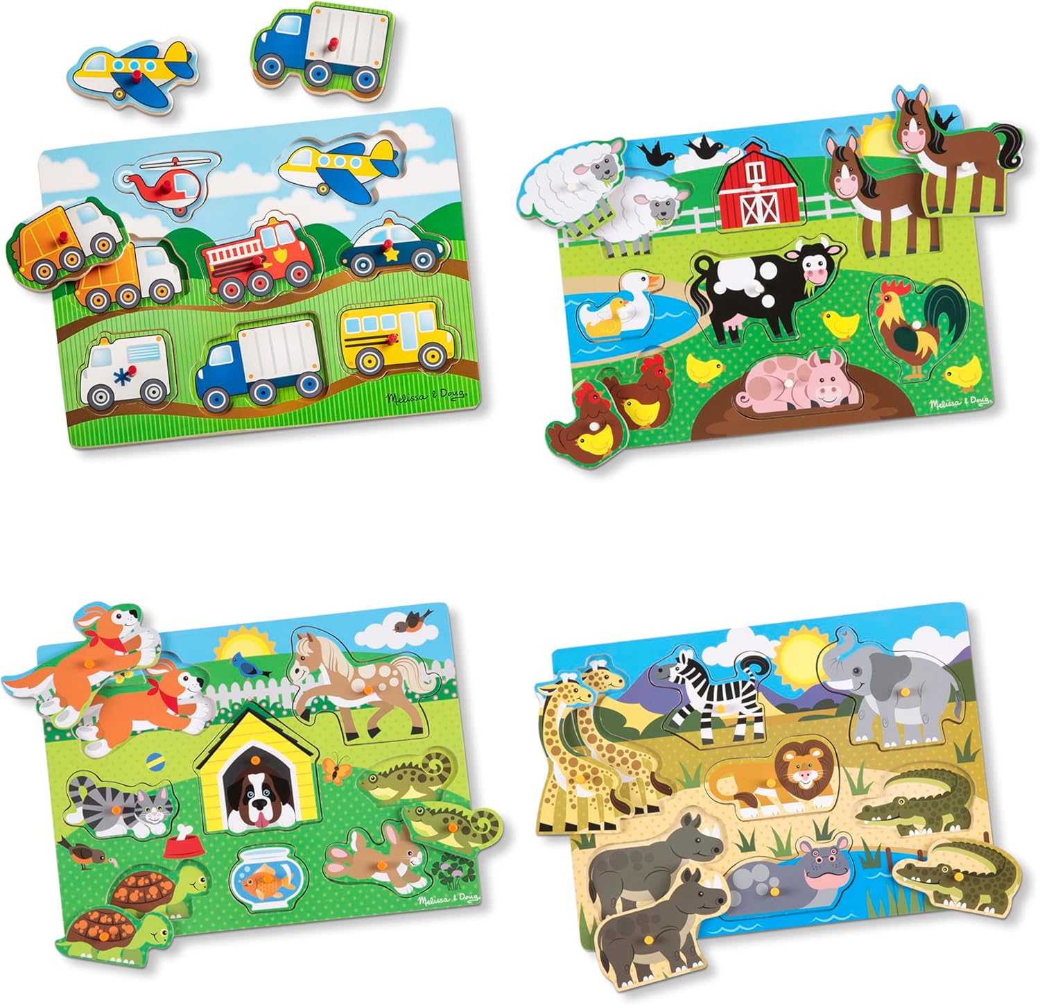 Melissa & Doug Wooden Peg Puzzle 4-Pack for Toddler and Preschool Boys and Girls – Vehicles, Farm, Safari, Pets