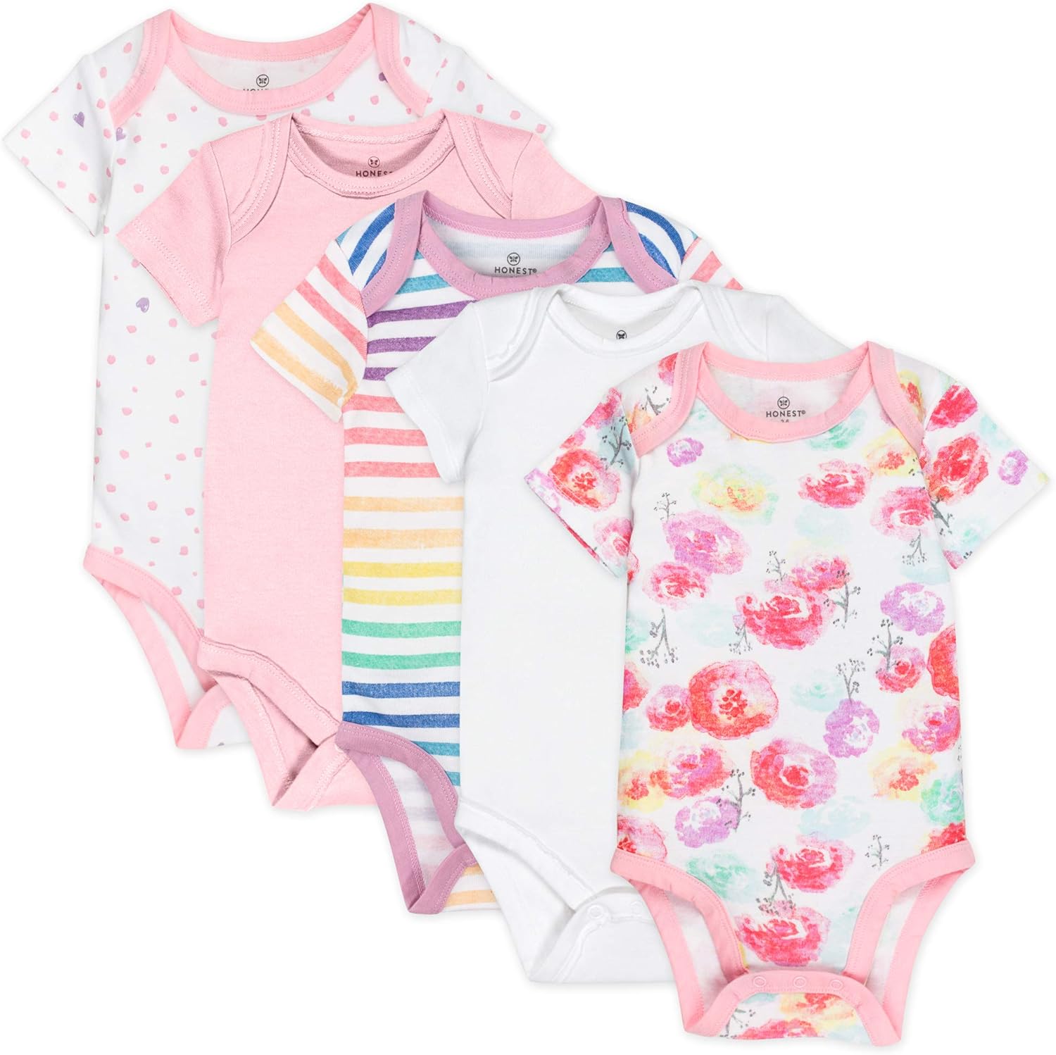 HonestBaby baby-girls 5-pack Short Sleeve Bodysuits One-piece 100% Organic Cotton for Infant and Baby Girls (Legacy)