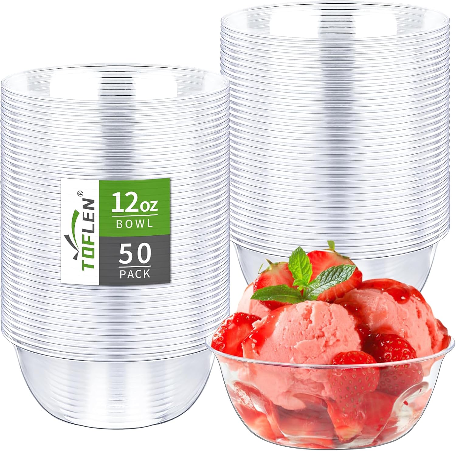 TOFLEN 12 oz Clear Plastic Bowls, 50 Pack Disposable Small Hard Plastic Serving Bowls for Party, Ice Cream, dessert, Fruit, appetizer, Soup, Snack, Home or Event Party Supplies (50)