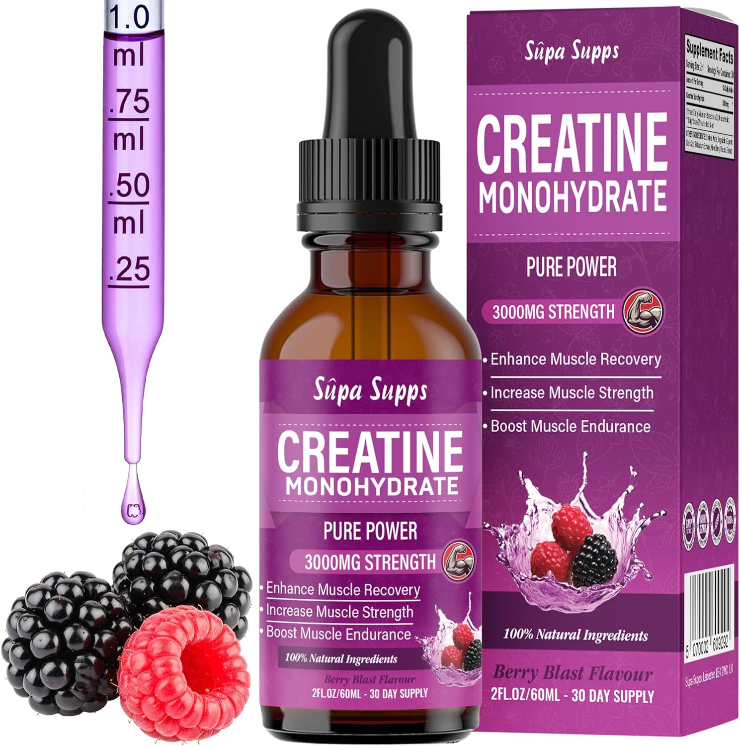Creatine Monohydrate Drops 60ml - Liquid Alternative to Creatine Monohydrate Powder, Ideal for Gym Performance, Bulk Creatine Formula, Supports Muscle Growth, Recovery, and Energy - Berry Flavour
