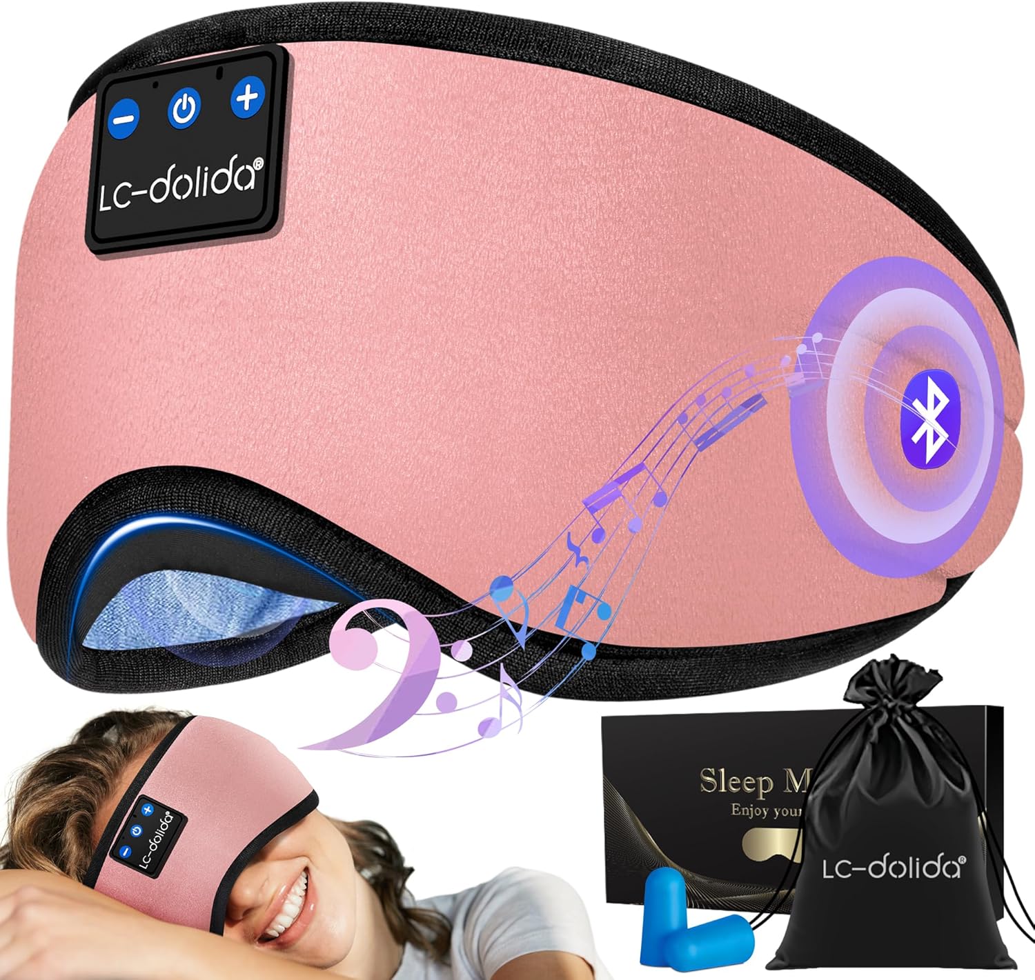 LC-dolida Sleep Headphones Bluetooth Eye Mask Blackout Wireless Cotton Eye Mask Comfortable Breathable Ultra-Thin Speakers can Play 15 Hrs, Eyemask Sleep Travel Essentials Birthday Gift for Men Women