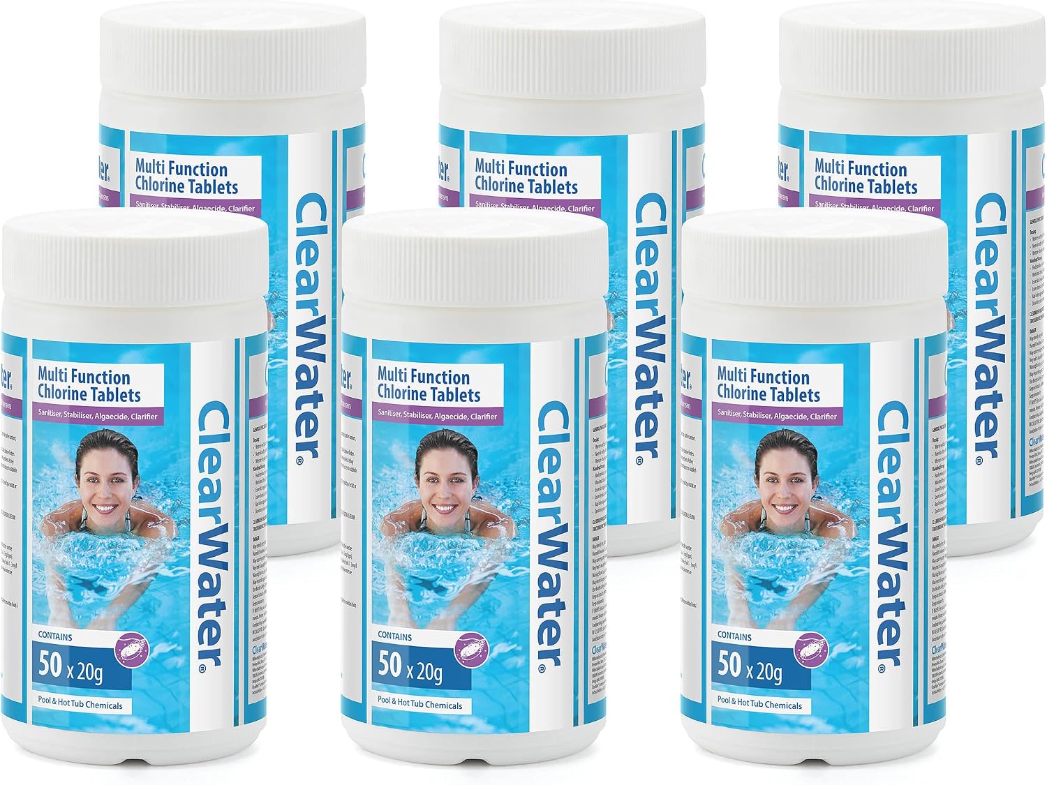 Clearwater 6kg Multifunction Chlorine Tablets, 4-in-1 Dispenser Tablets (Sanitiser, Stabiliser, Algaecide and Clarifier) for Pools and Hot Tubs, 300 x 20 g, White