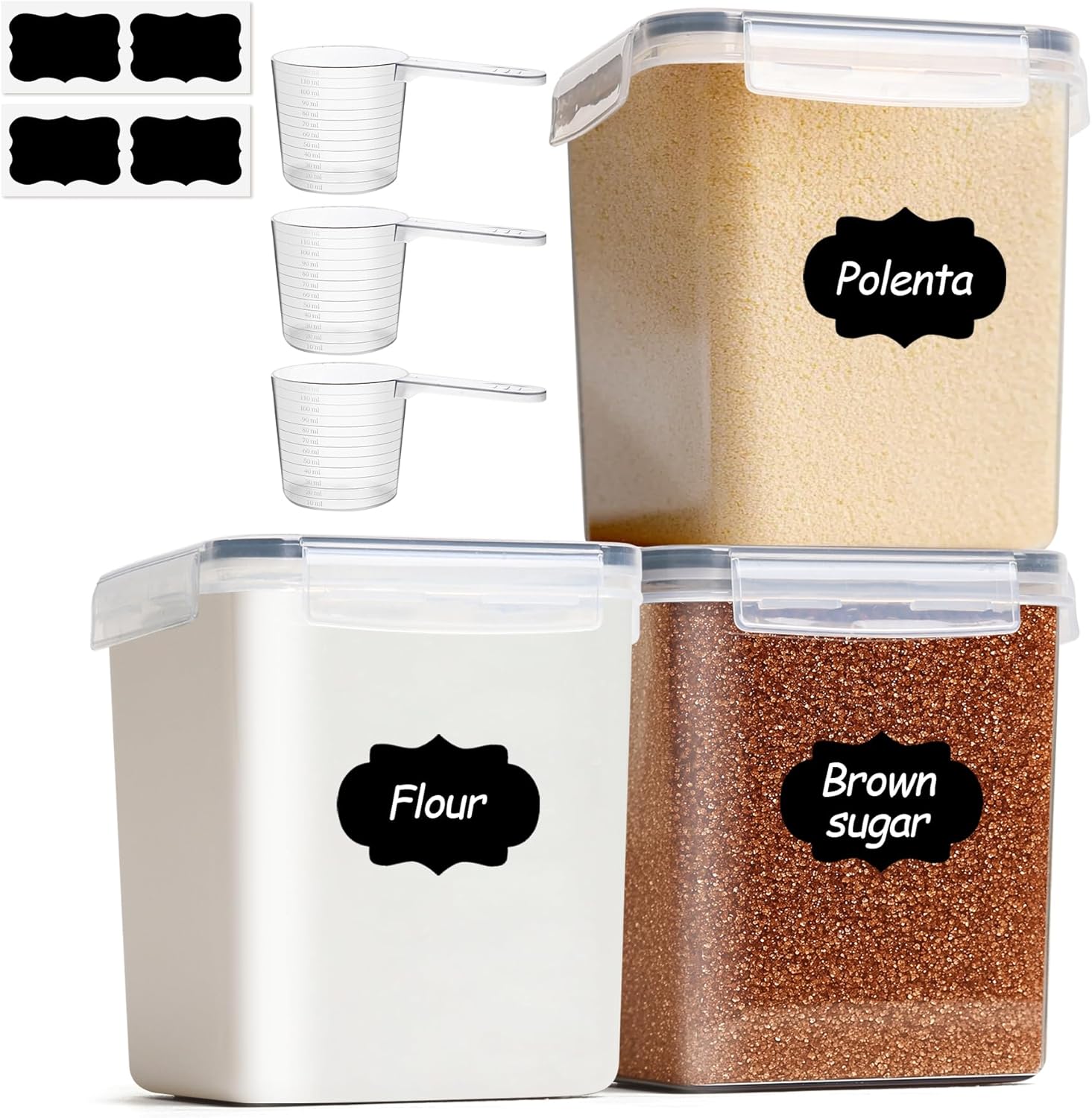 ComSaf Flour Storage Containers 2.5L Set of 3, Plastic Airtight Food Storage Containers with Lids, Large Clip-Lock Kitchen Storage Containers for Cereal, Rice, Pasta, Dry Food, BPA-Free Pantry Storage