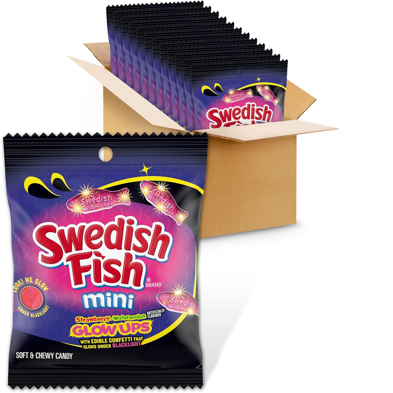 SWEDISH FISH Mini Glow Ups Strawberry-Watermelon Soft & Chewy Candy, Bulk Candy, 12-3.08 oz Bags
