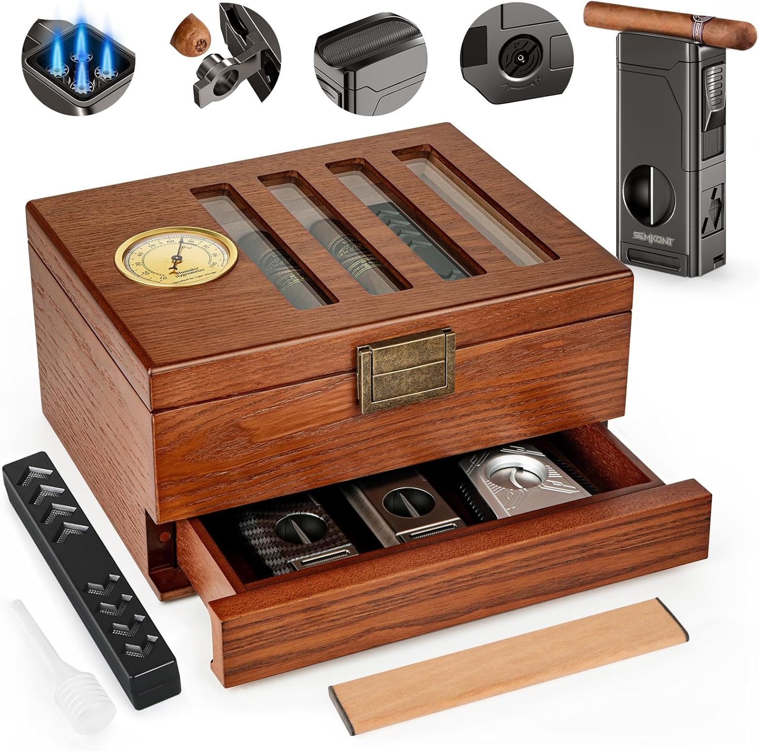 Cigar Humidor, Vintage Lock & Accessory Drawer Cedar Wood Cigar Humidor, Recessed Hygrometer Glass Top Desktop Humidor, with Humidifier, Cigar Lighter and Dropper Cigar Box for 20-35 Cigars