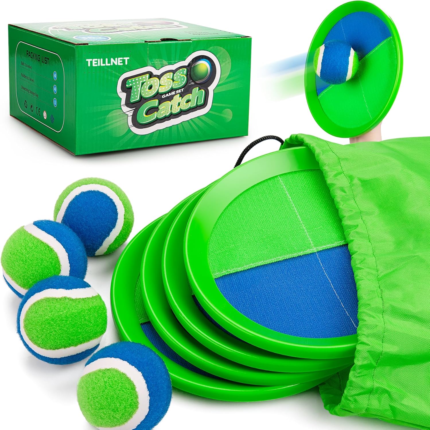 Toss and Catch Ball Set Beach Toys Outdoor Games Yard Games for Kids Ages 3-12 Upgraded Version Paddle Catch Toy Games for Kids/Family Boys and Girls Gifts(4 Rackets, 4 Balls, 1 Bag)
