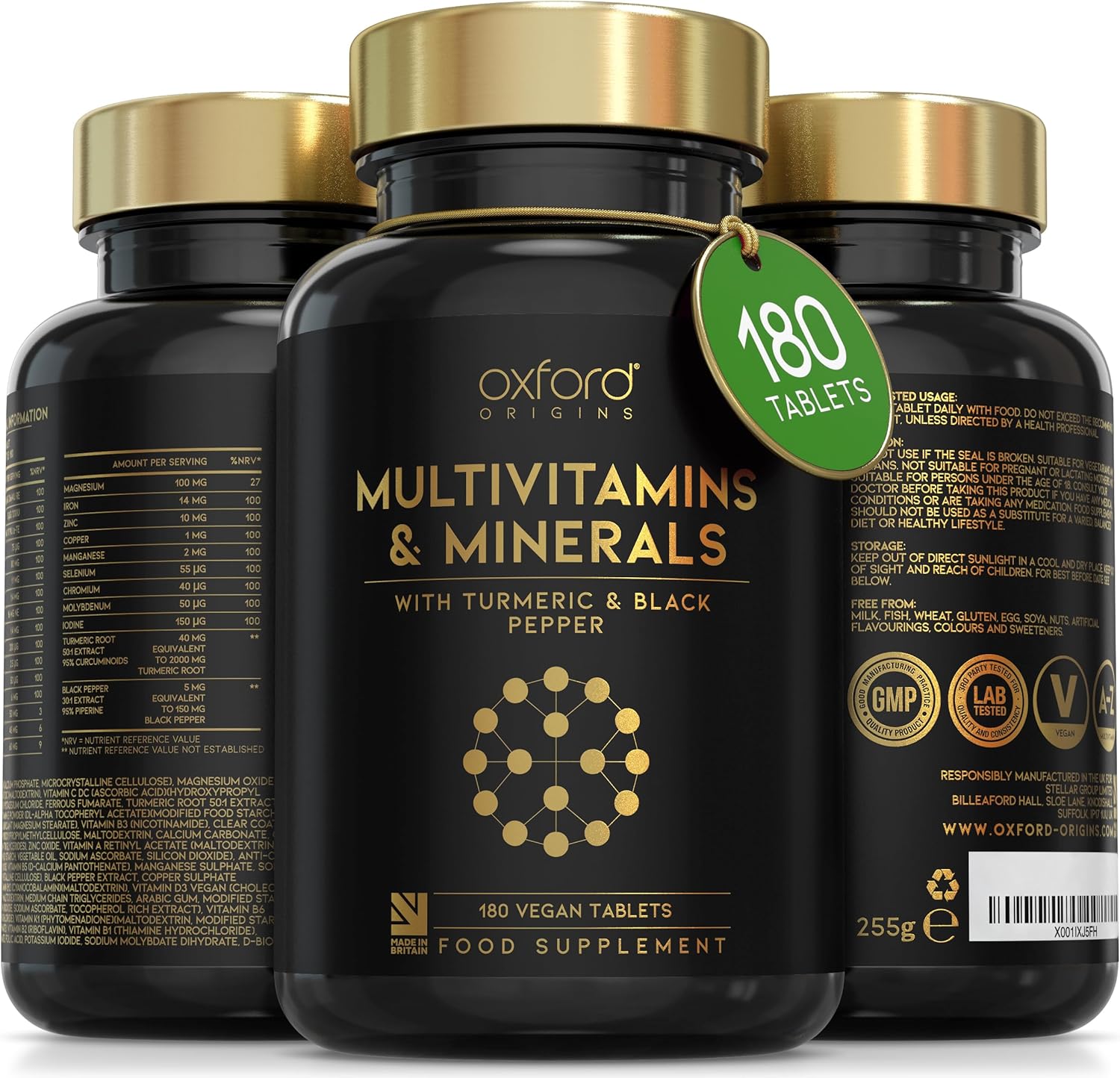 Award Winning A-Z Multivitamins and Minerals Boosted with Turmeric | Made in The UK | Vegan Multivitamin Tablets for Women & Men | 100% NRV Multivitamin with 27 Key Nutrients | 180 Capsules