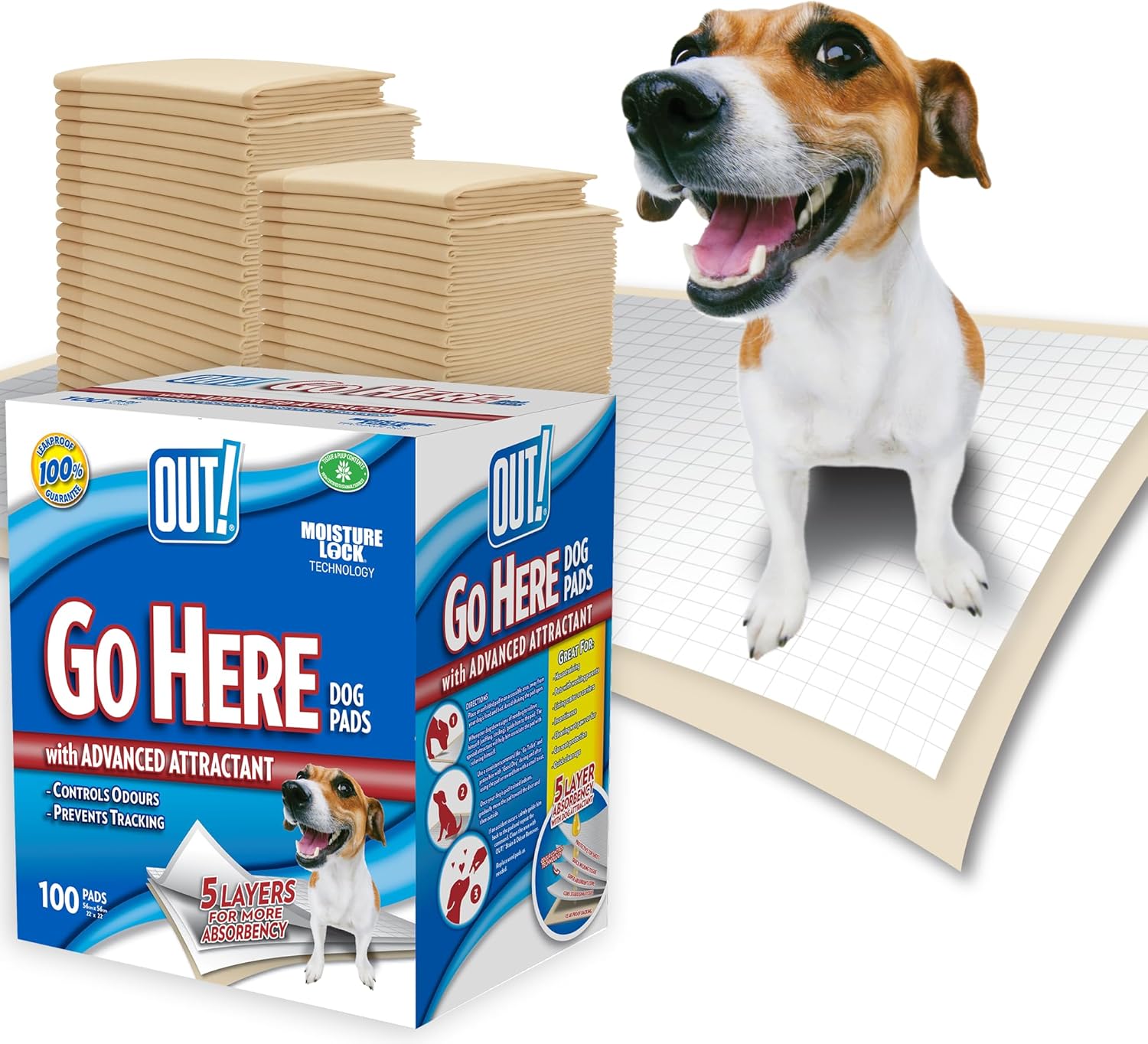 OUT! Go Here Absorbent Pet and Puppy Training Pads 100 Disposable Pads. 53 x 55cm. 5 layer leak-proof odour-control non-slip |100 Pads