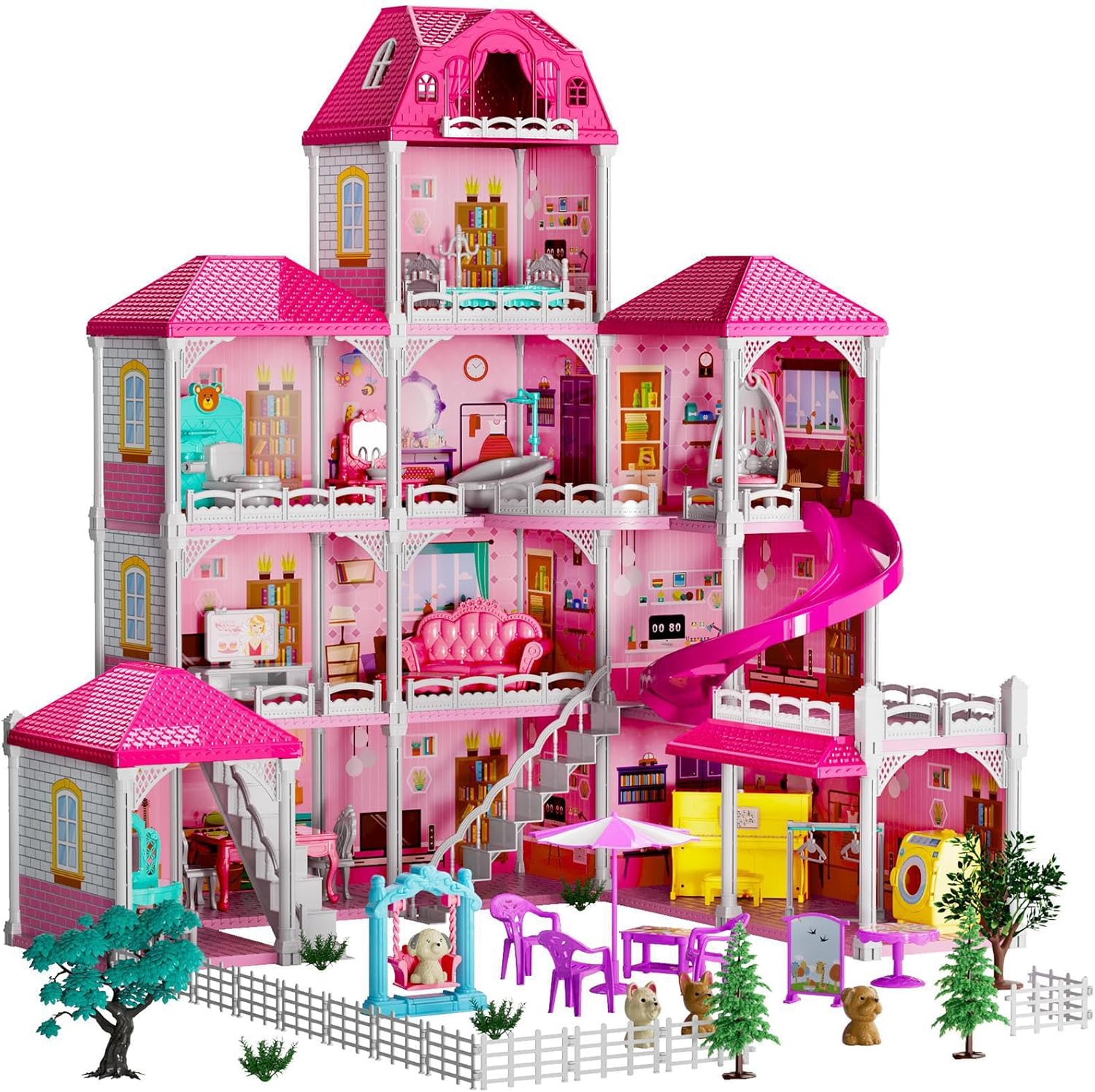 TEMI Doll House Girls Toys - 4-Story 12 Rooms Playhouse with 2 Dolls Toy Figures, Fully Furnished Fashion Dollhouse, Pretend Playhouse with Accessories, Gift Toy for Kids Ages 3 4 5 6 7 8+