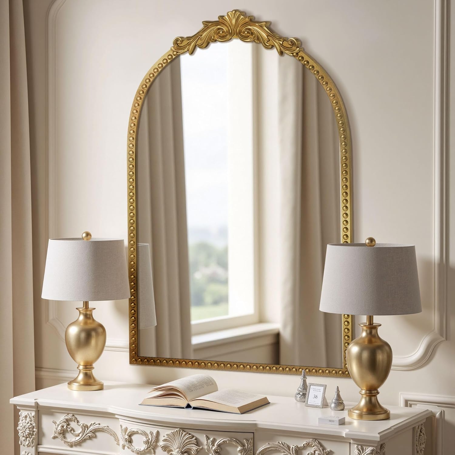 Cooday Antique Gold Vintage Mirror 24"x36", Elegant Metal Beaded Frame Wall Mirror forFireplace,Bathroom, Living Room, Bedroom, or Entryway (24" L x 36" W)