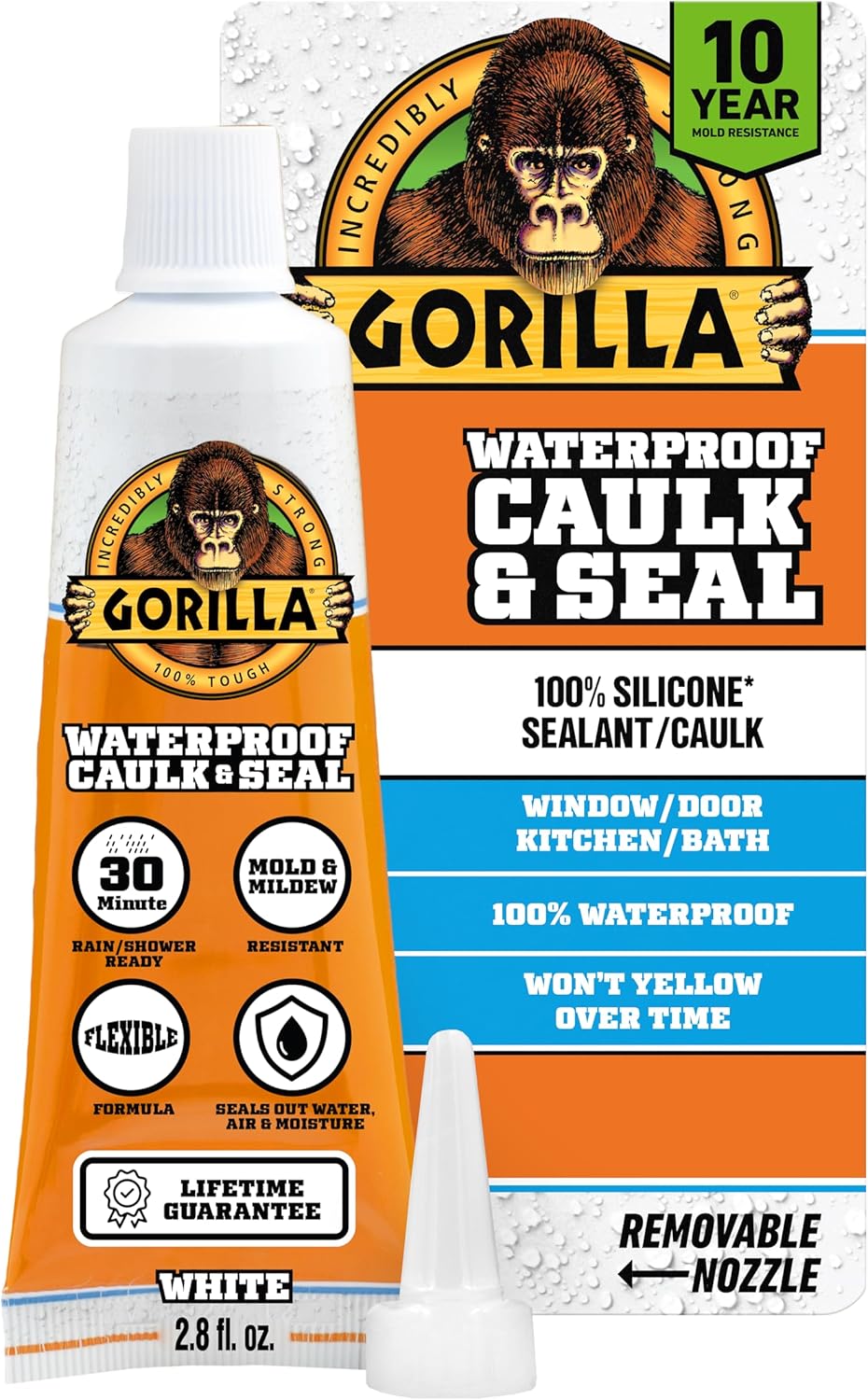 Gorilla 100% Silicone Caulk, Waterproof Sealant, 2.8oz Squeeze Tube (Pack of 1) – White -10 Year Mold Resistant Kitchen, Window, Bath, Marine, Door and More