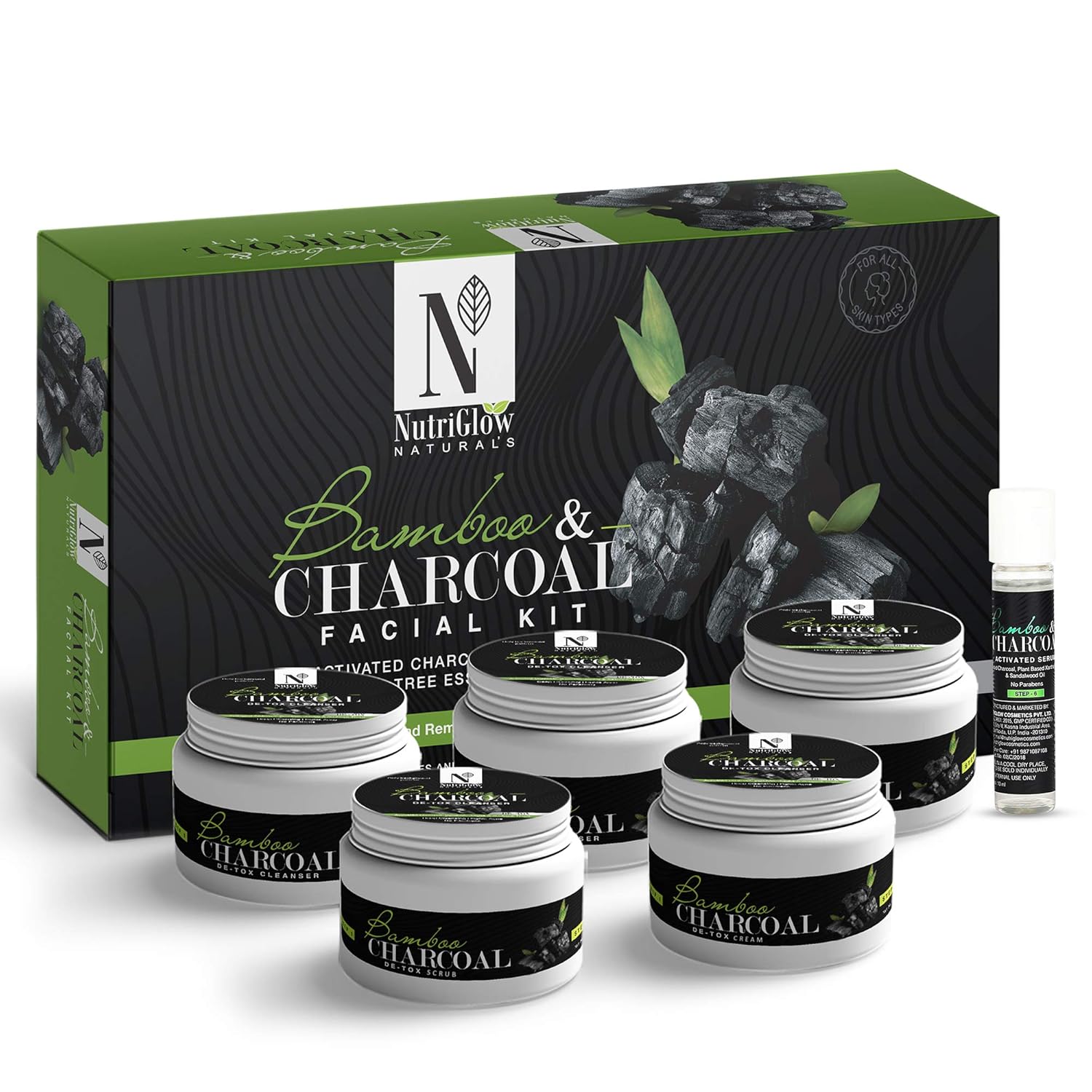 NUTRIGLOW Natural's Bamboo & Activated Charcoal Facial Kit For Brighter Skin, Deep Pore Cleansing Acne Prone Oily Skin & Blackheads Removal, All Skin types (8.8 Oz + 0.3 Fl Oz)