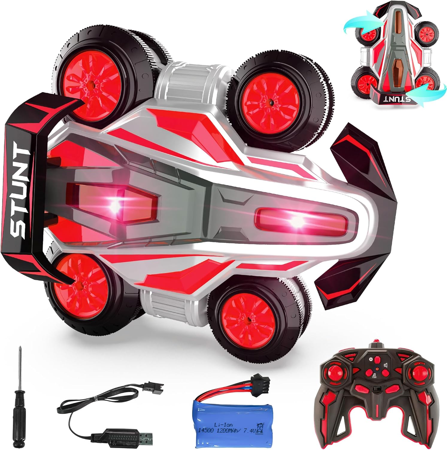 BEZGAR Upgraded Remote Control Cars for Boys Age 4-7 - 360 Spin Rotating Fast RC Toy, 4WD Upright Walking Rc Stunt Car with LED Lights Music, 2.4Ghz Indoor/Outdoor All Terrain Rechargeable Cars(Red)
