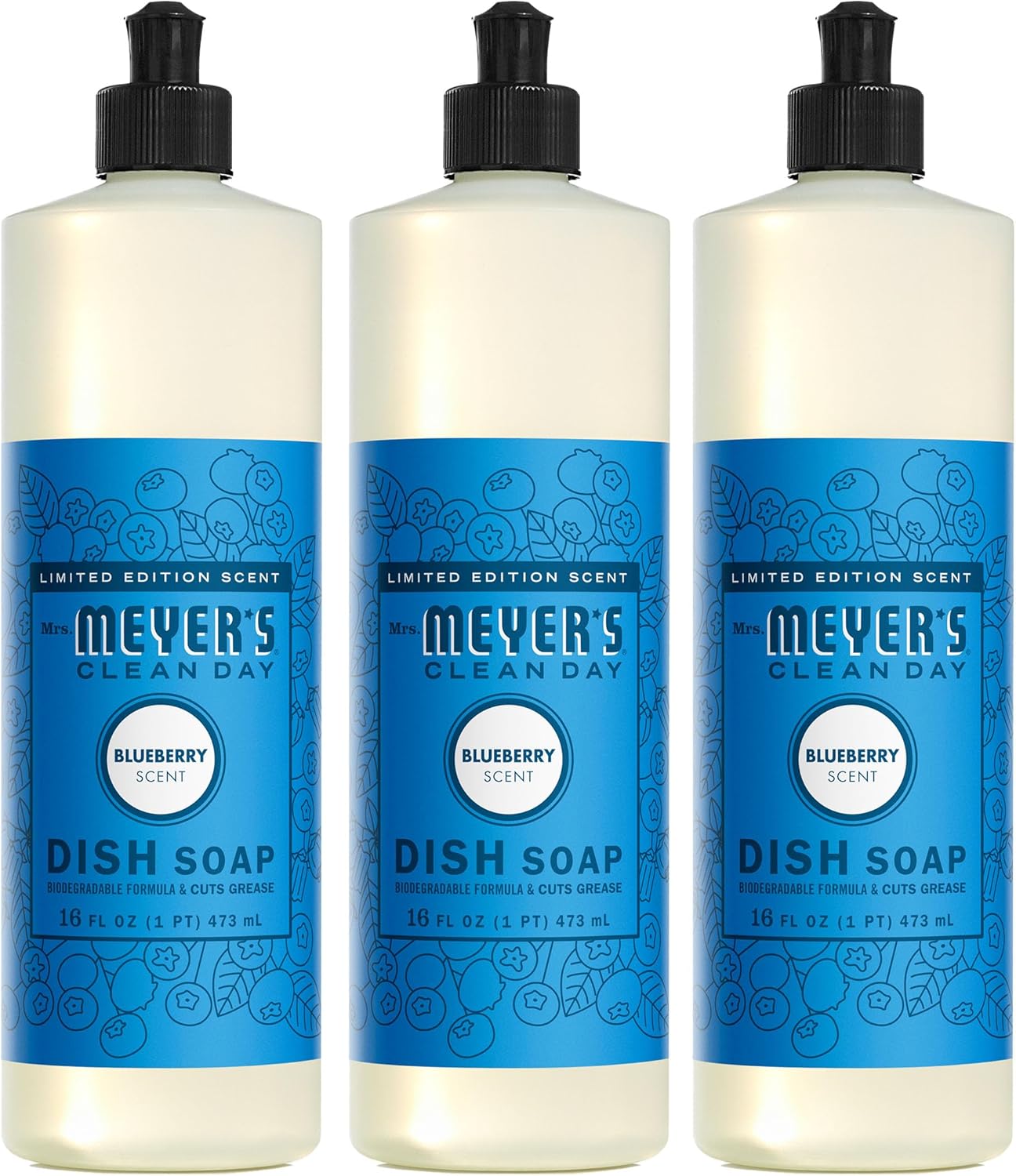 Mrs. MEYER'S CLEAN DAY Liquid Dish Soap, Blueberry Scent, 16 Ounce Bottles (Pack of 3)