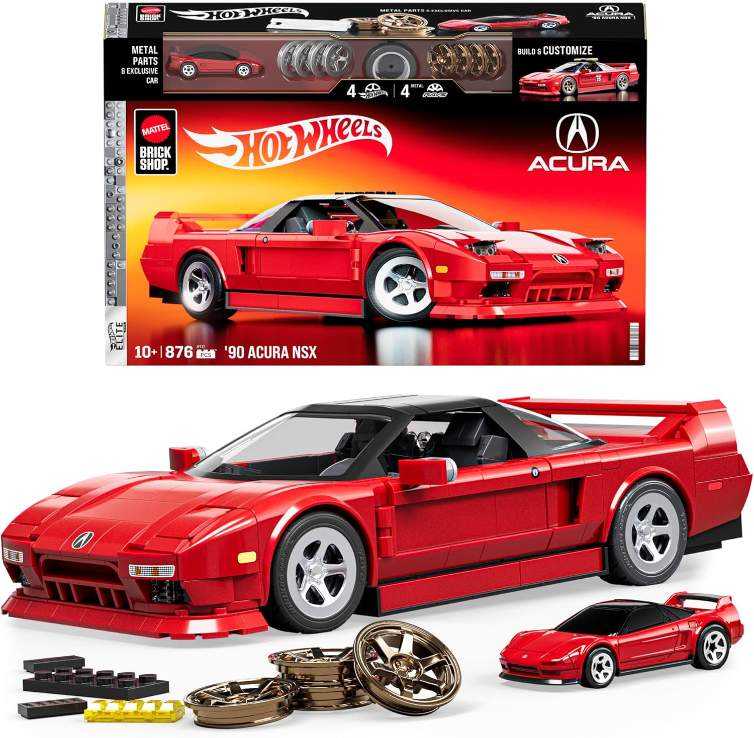 ​Mattel Brick Shop Hot Wheels Elite Series Building Set, ’90 Acura NSX with 876 Pieces, Realistic Details and Custom Decals, Adult Collectors and Kids Ages 10+, JFT17, Red - Acura