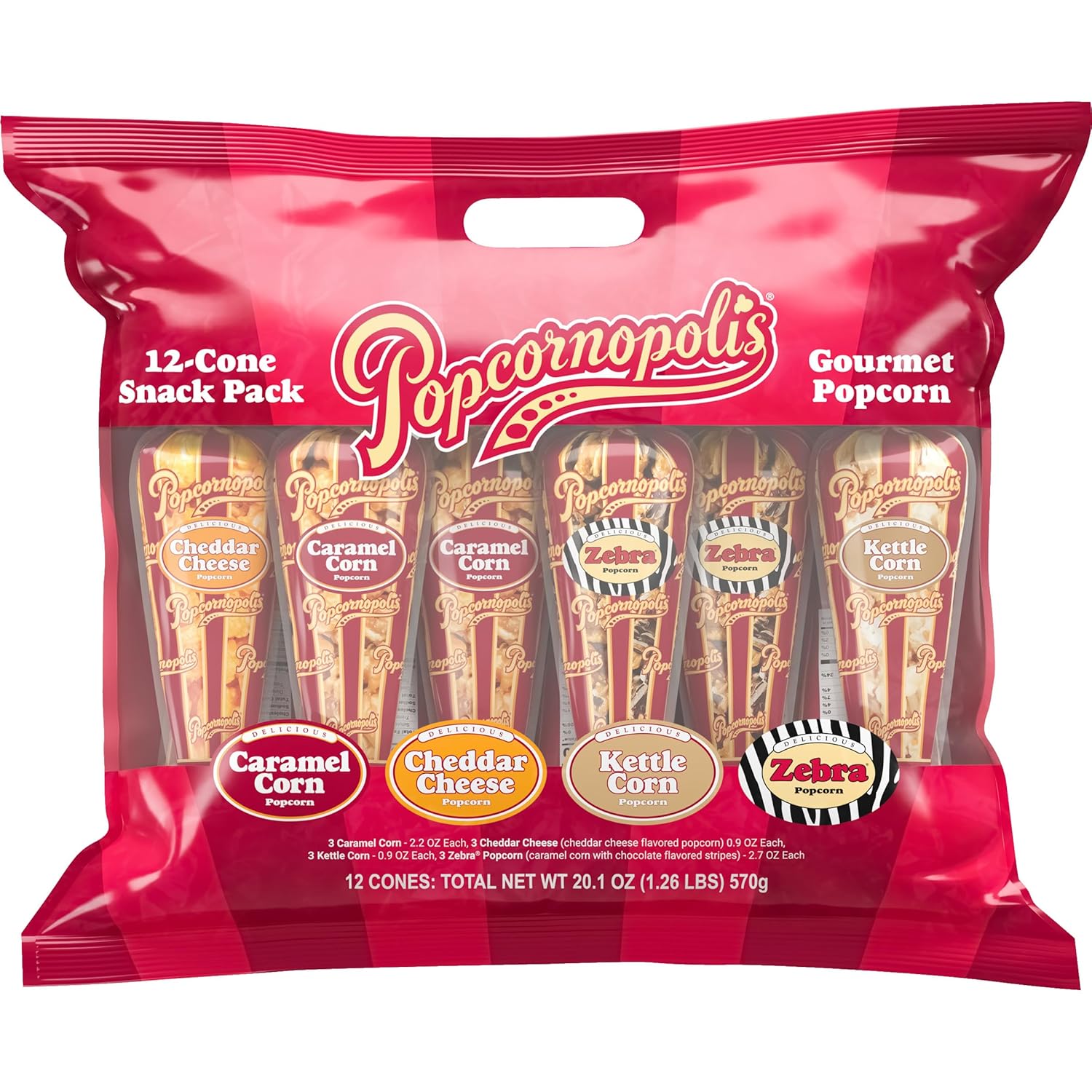 Popcornopolis Gourmet Popcorn Cone Variety Pack – Zebra, Cheddar Cheese, Caramel & Kettle Corn Popcorn, Great for Gifting & Sharing, (12-Count)