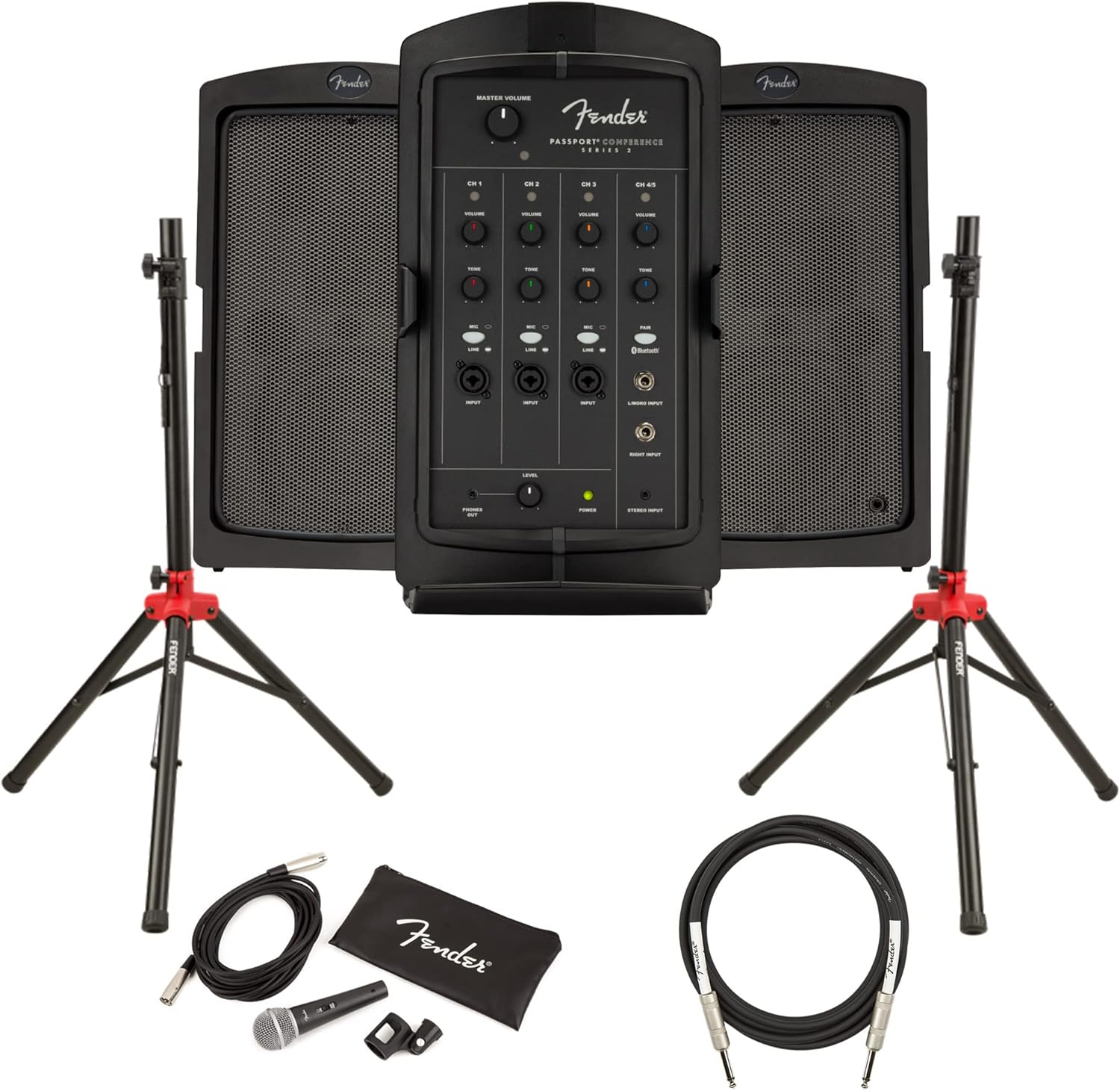 Fender Passport Conference S2 Portable PA System Bundle with Microphone, Compact Speaker Stands, XLR Cable, and Instrument Cable