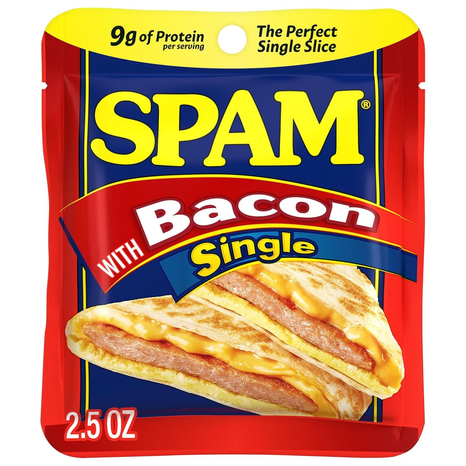 SPAM Single Bacon 2.5oz Individual Pouch (Pack of 12) Fully Cooked Pork and Ham, 9g of Protein, 0g Trans Fat, Low Carb, Keto-Friendly, Gluten Free, Easy Open Pouch, Perfect for Sandwiches & Breakfast